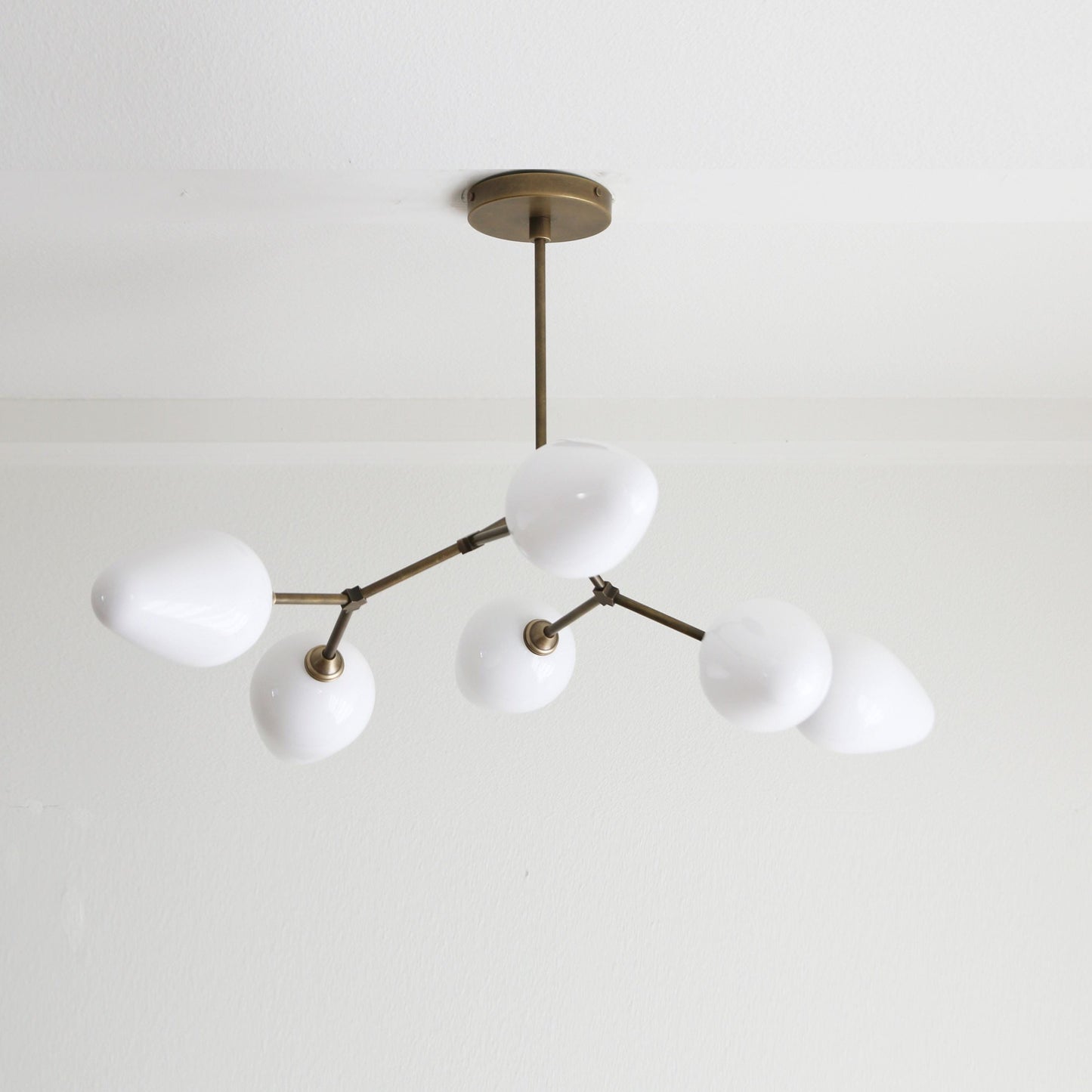 Six-Light Brass Branch Chandelier with Opal Teardrop Shades