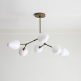 Six-Light Brass Branch Chandelier with Opal Teardrop Shades