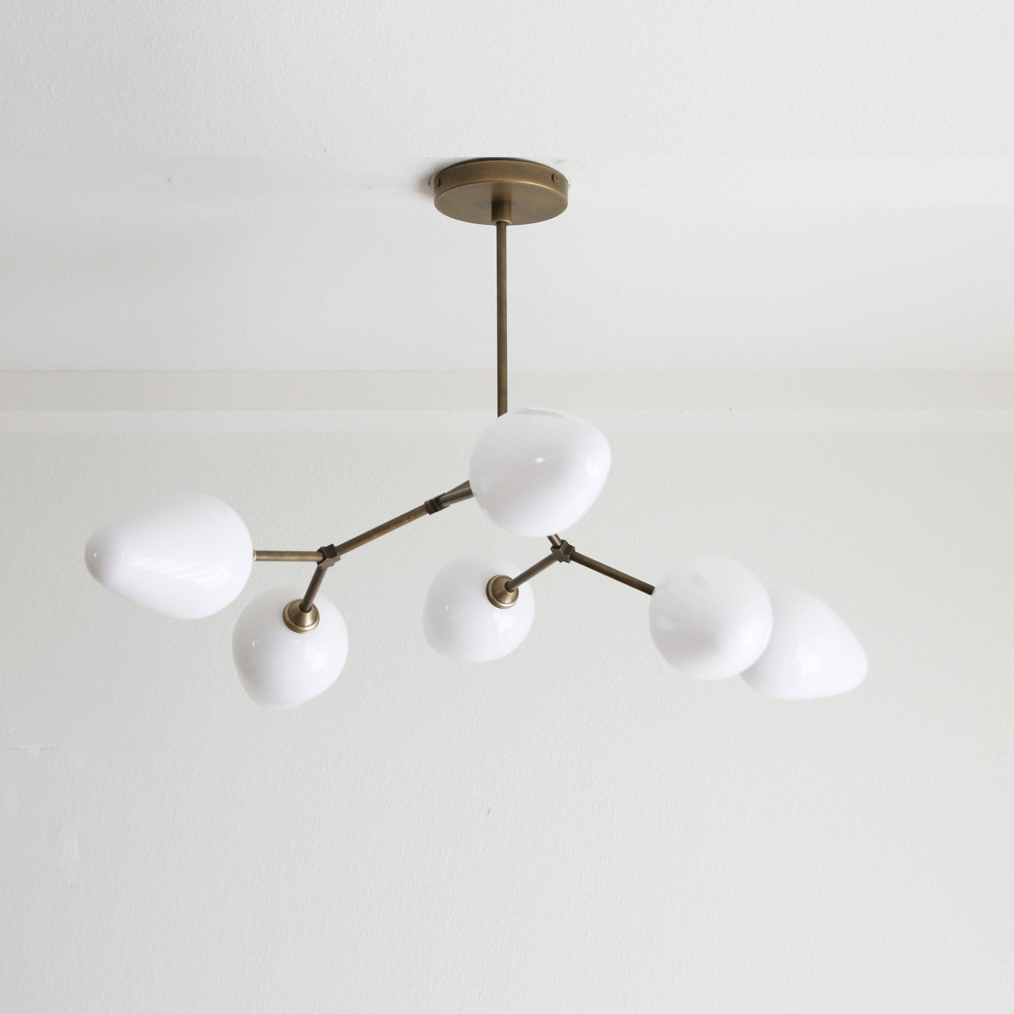 Six-Light Brass Branch Chandelier with Opal Teardrop Shades
