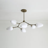 Six-Light Brass Branch Chandelier with Opal Teardrop Shades
