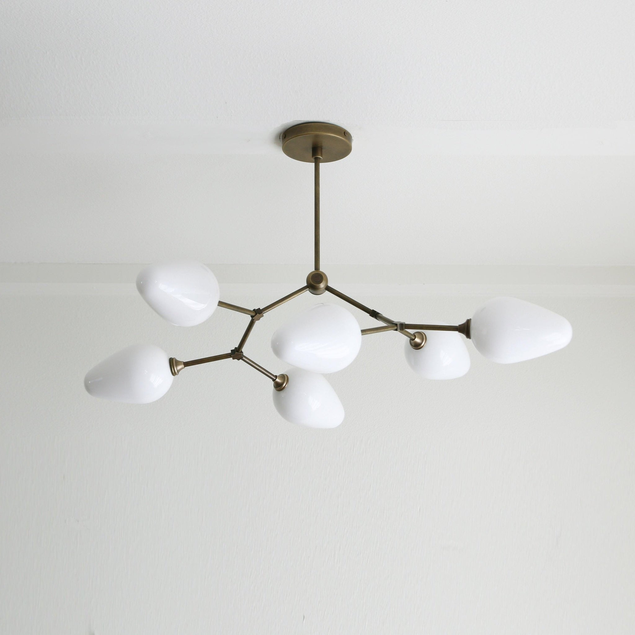 Six-Light Brass Branch Chandelier with Opal Teardrop Shades