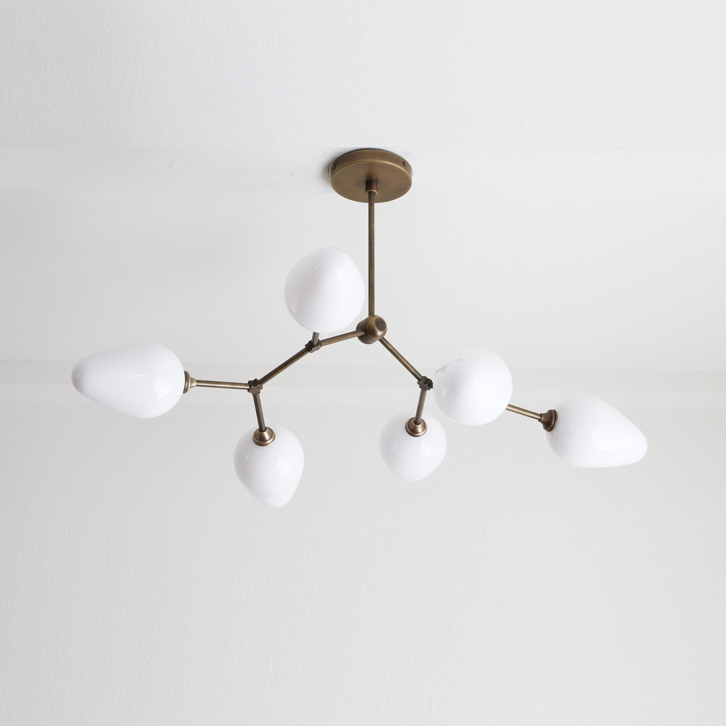 Six-Light Brass Branch Chandelier with Opal Teardrop Shades