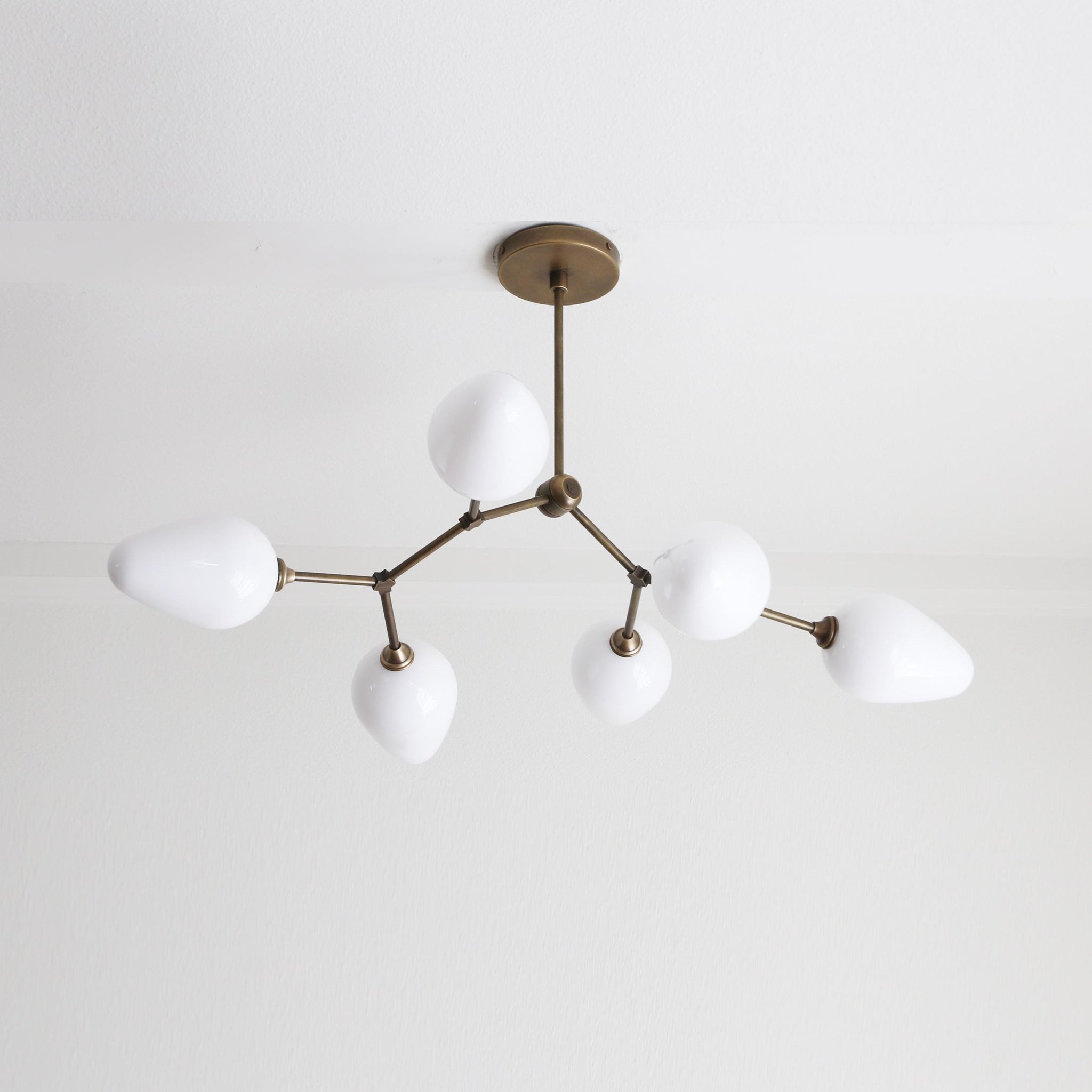 Six-Light Brass Branch Chandelier with Opal Teardrop Shades