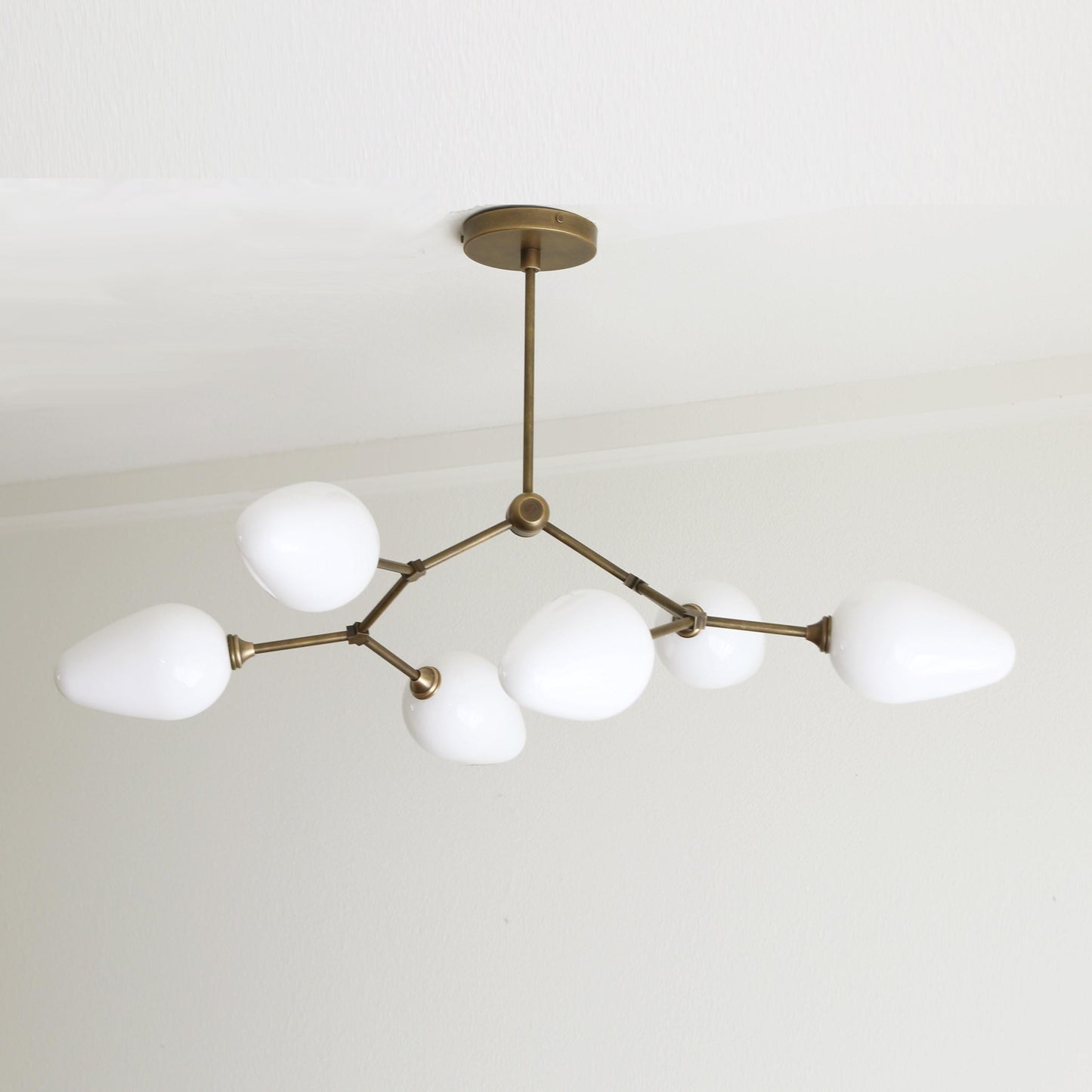 Six-Light Brass Branch Chandelier with Opal Teardrop Shades