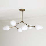 Six-Light Brass Branch Chandelier with Opal Teardrop Shades