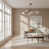 Six-Light Brass Branch Chandelier with Opal Teardrop Shades