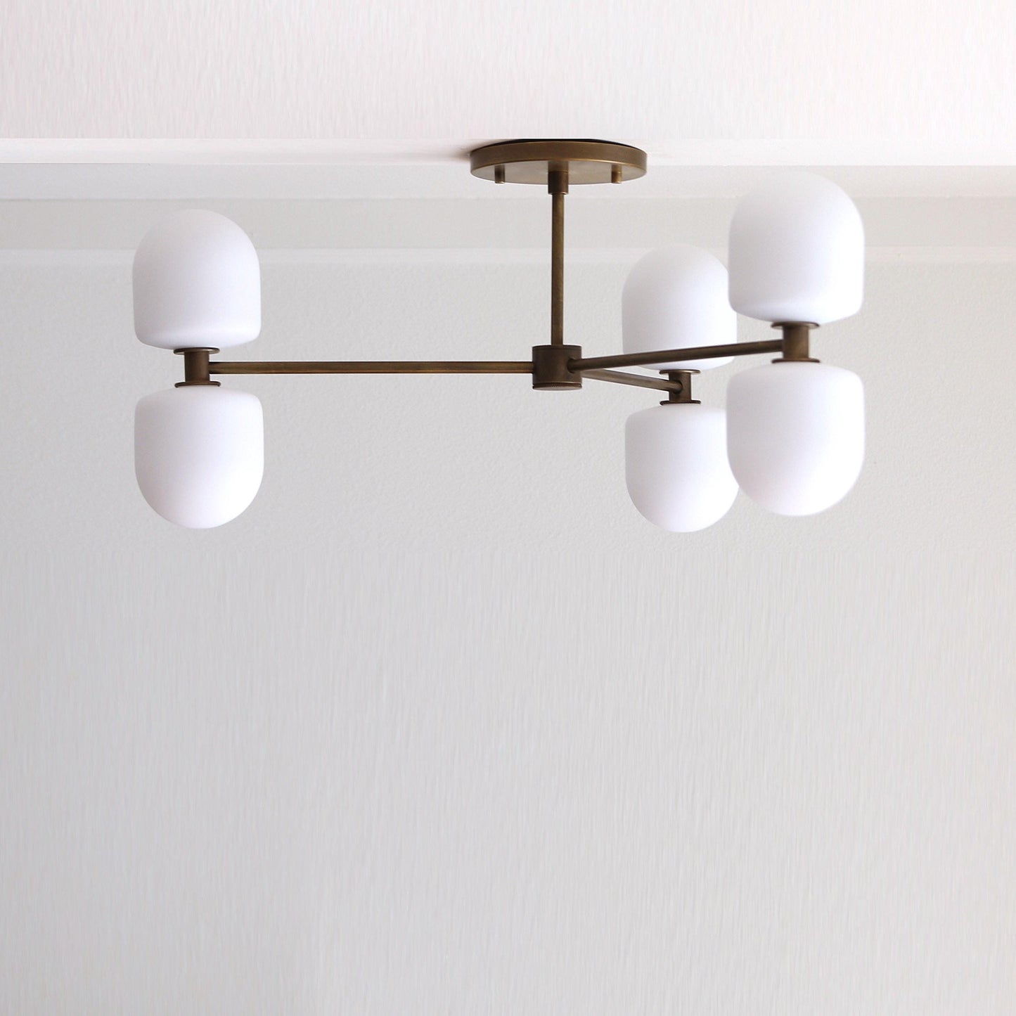 Six-Light Brass Chandelier with Opal Capsule Shades