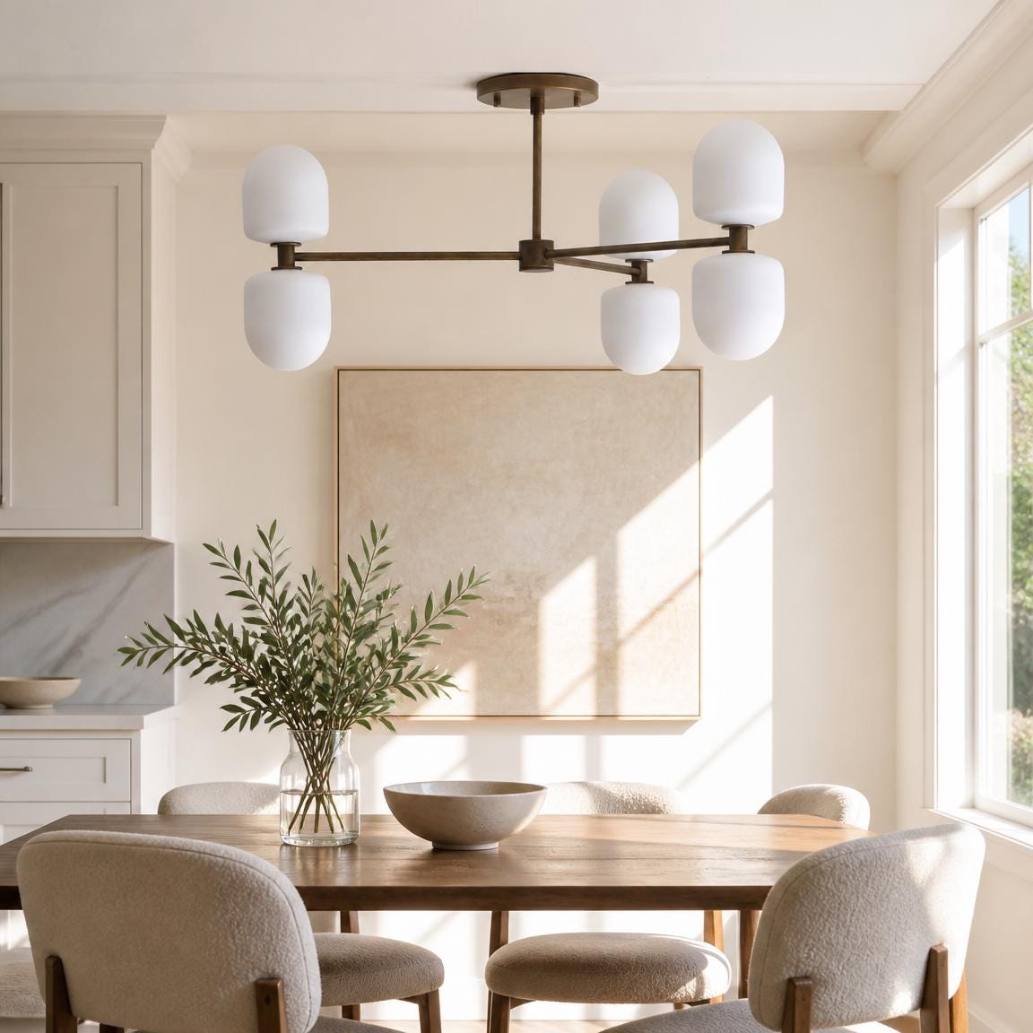 Six-Light Brass Chandelier with Opal Capsule Shades