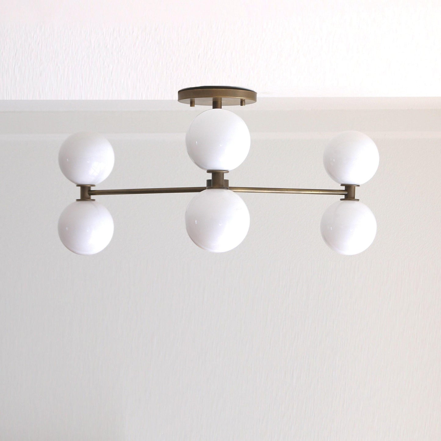 Six-Light Brass Chandelier with Opal Glass Globes