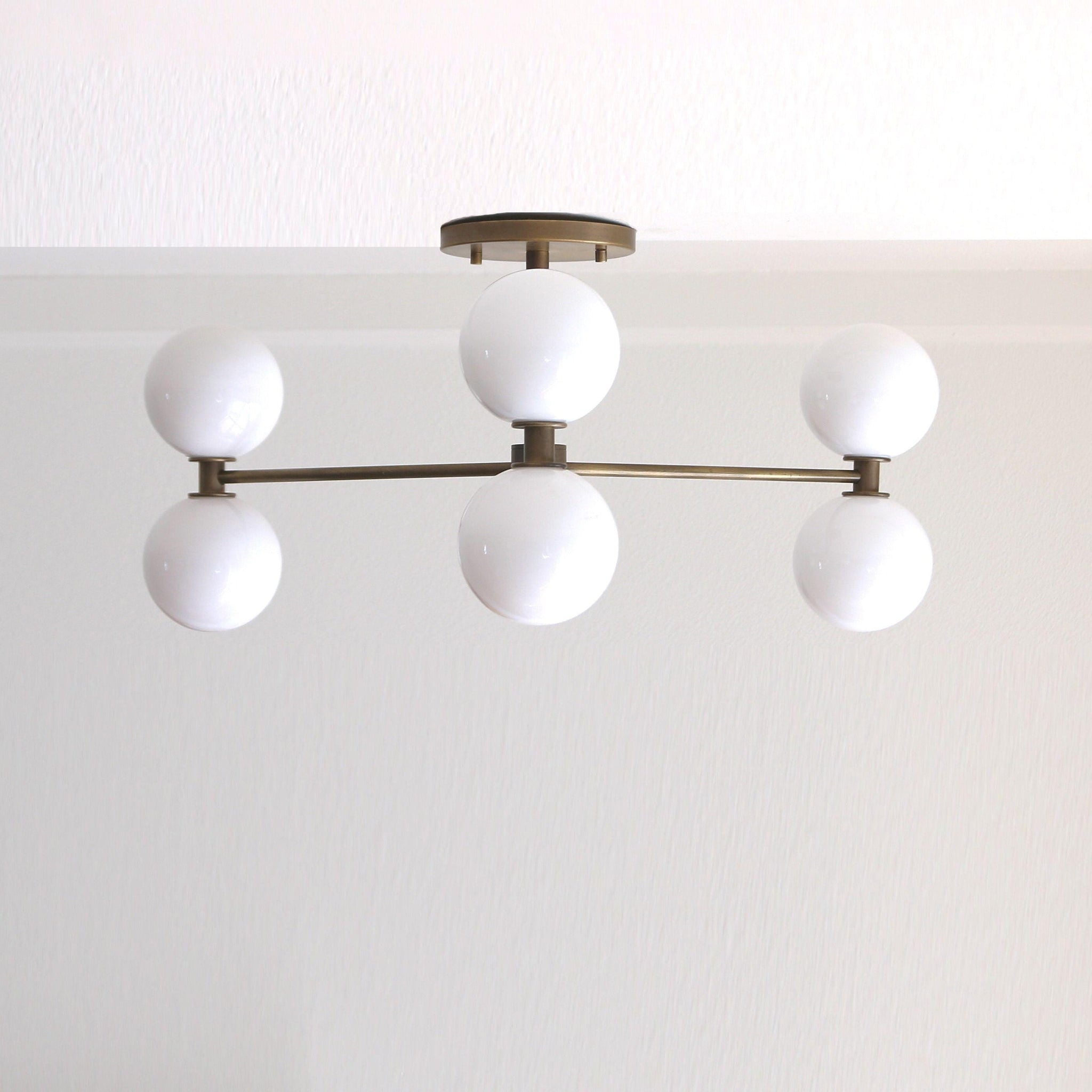 Six-Light Brass Chandelier with Opal Glass Globes