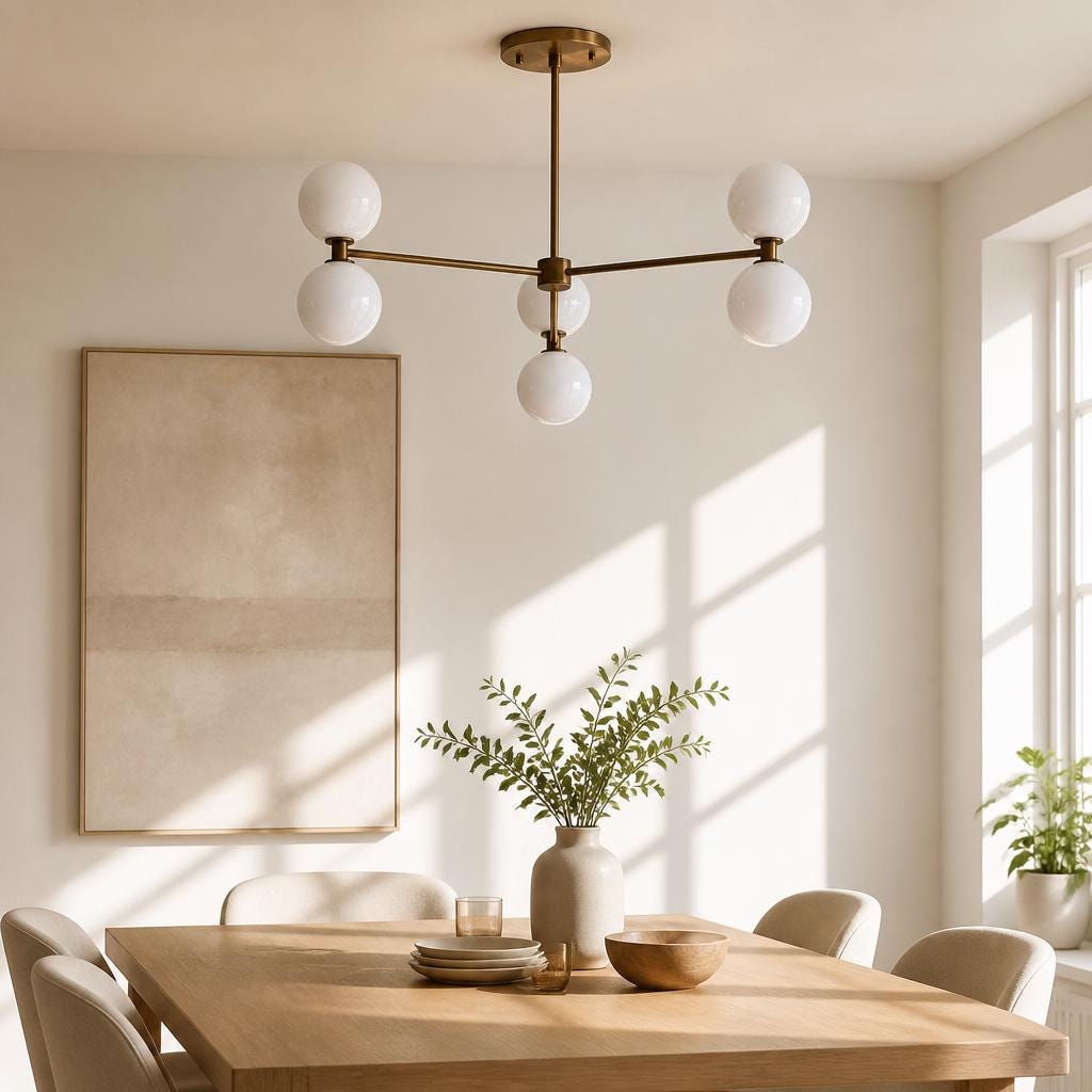 Six-Light Brass Chandelier with Opal Glass Globes