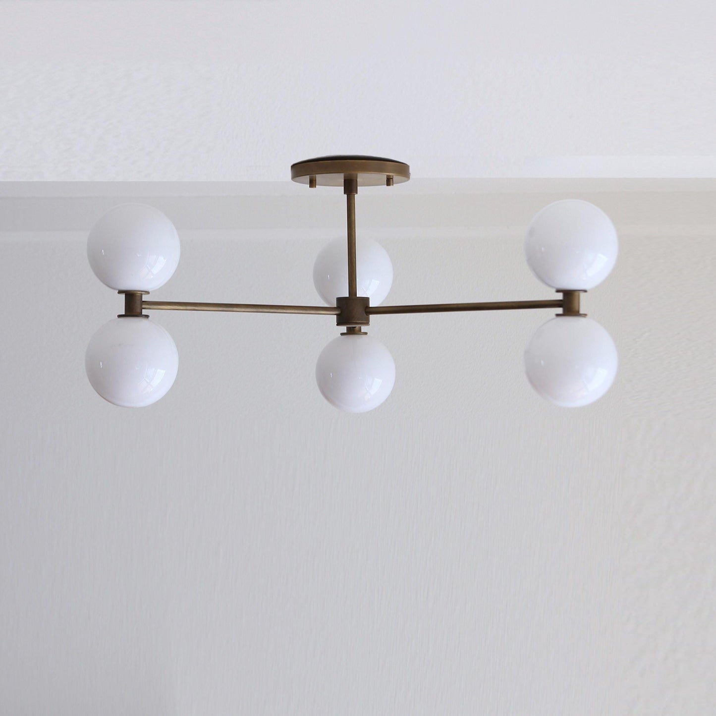 Six-Light Brass Chandelier with Opal Glass Globes