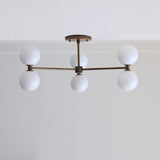 Six-Light Brass Chandelier with Opal Glass Globes