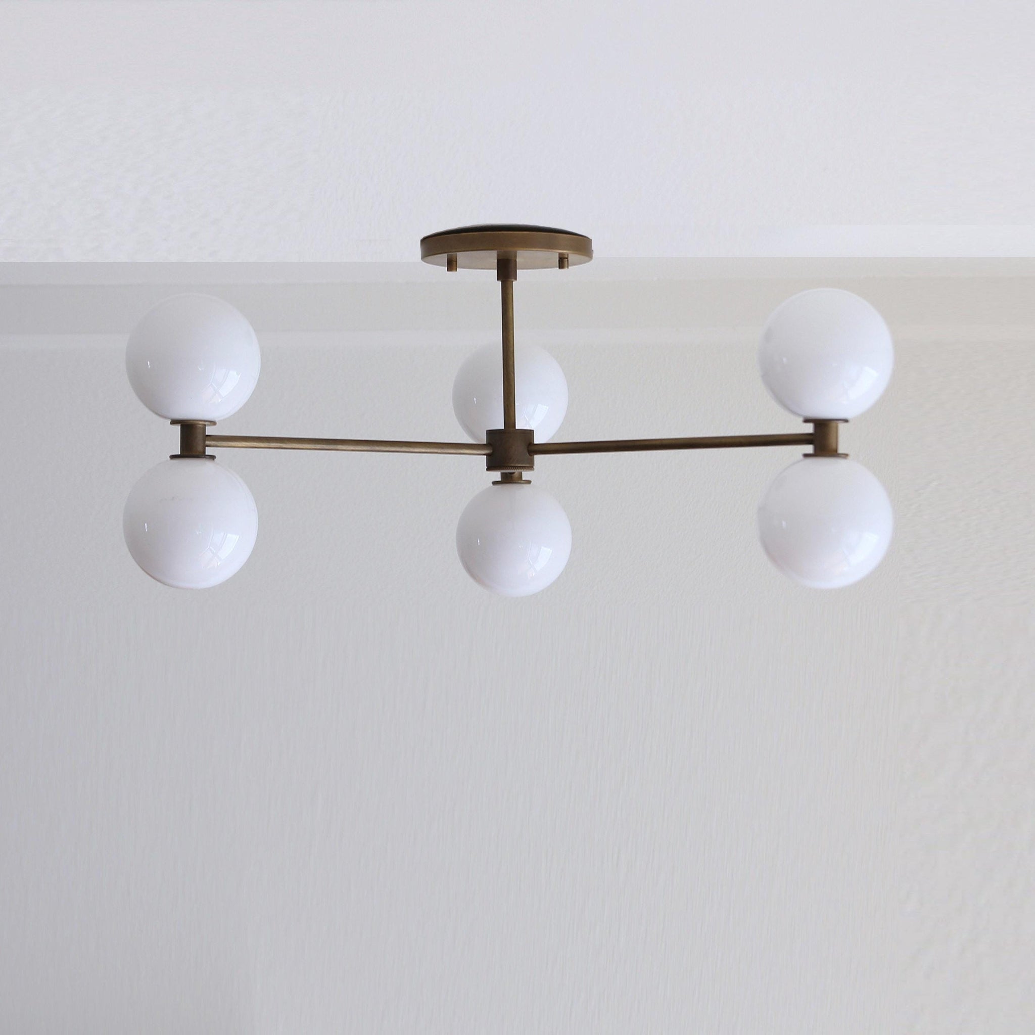 Six-Light Brass Chandelier with Opal Glass Globes