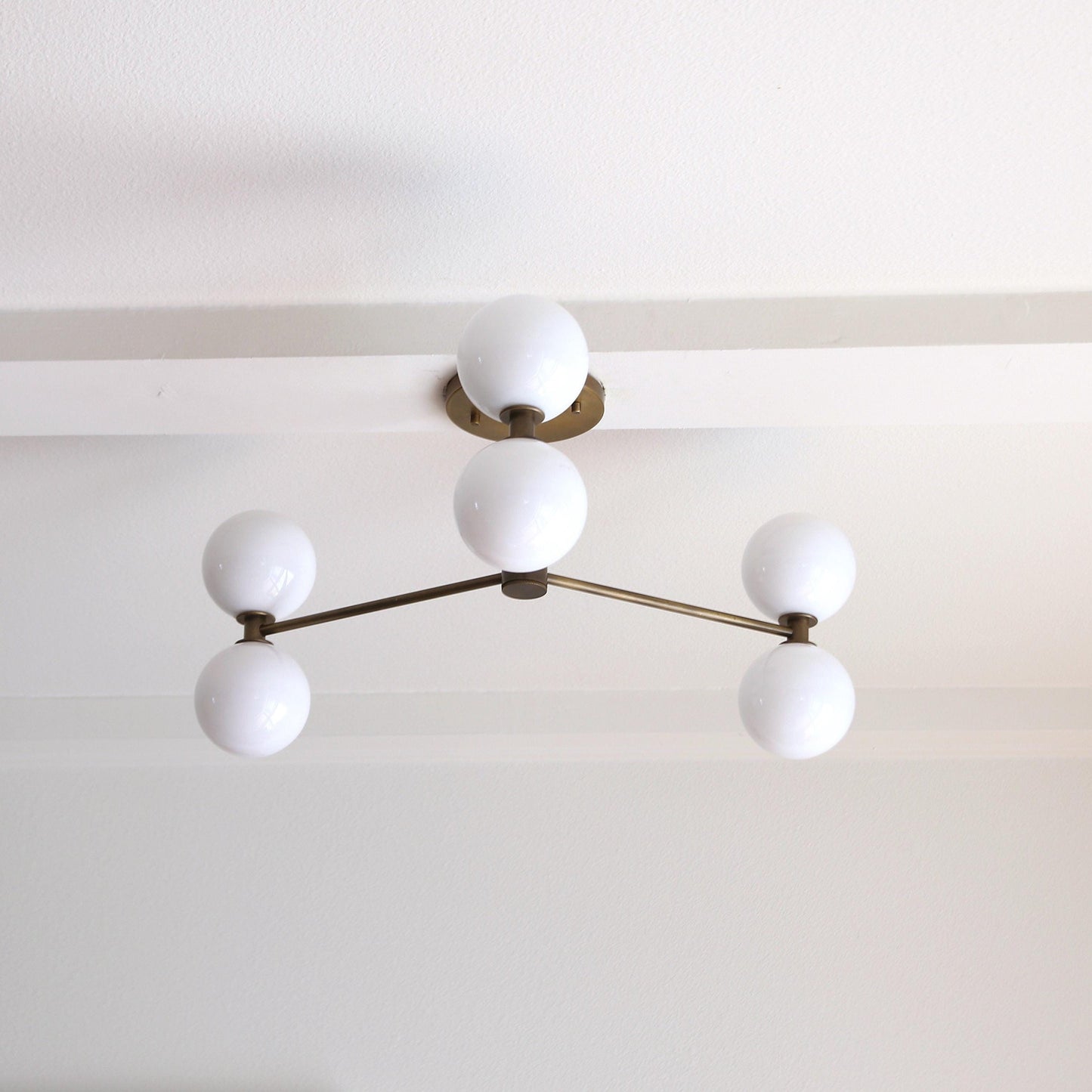 Six-Light Brass Chandelier with Opal Glass Globes