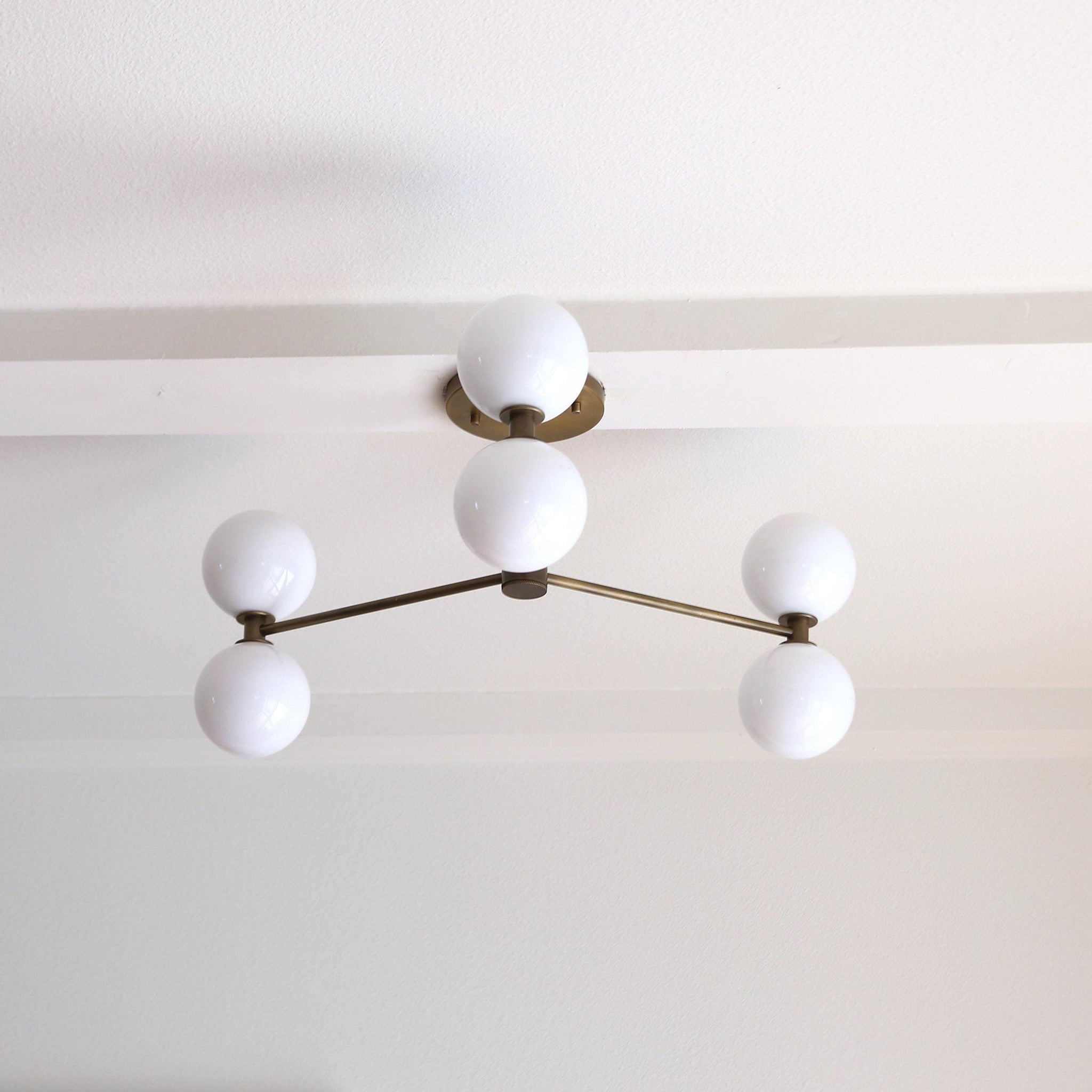 Six-Light Brass Chandelier with Opal Glass Globes