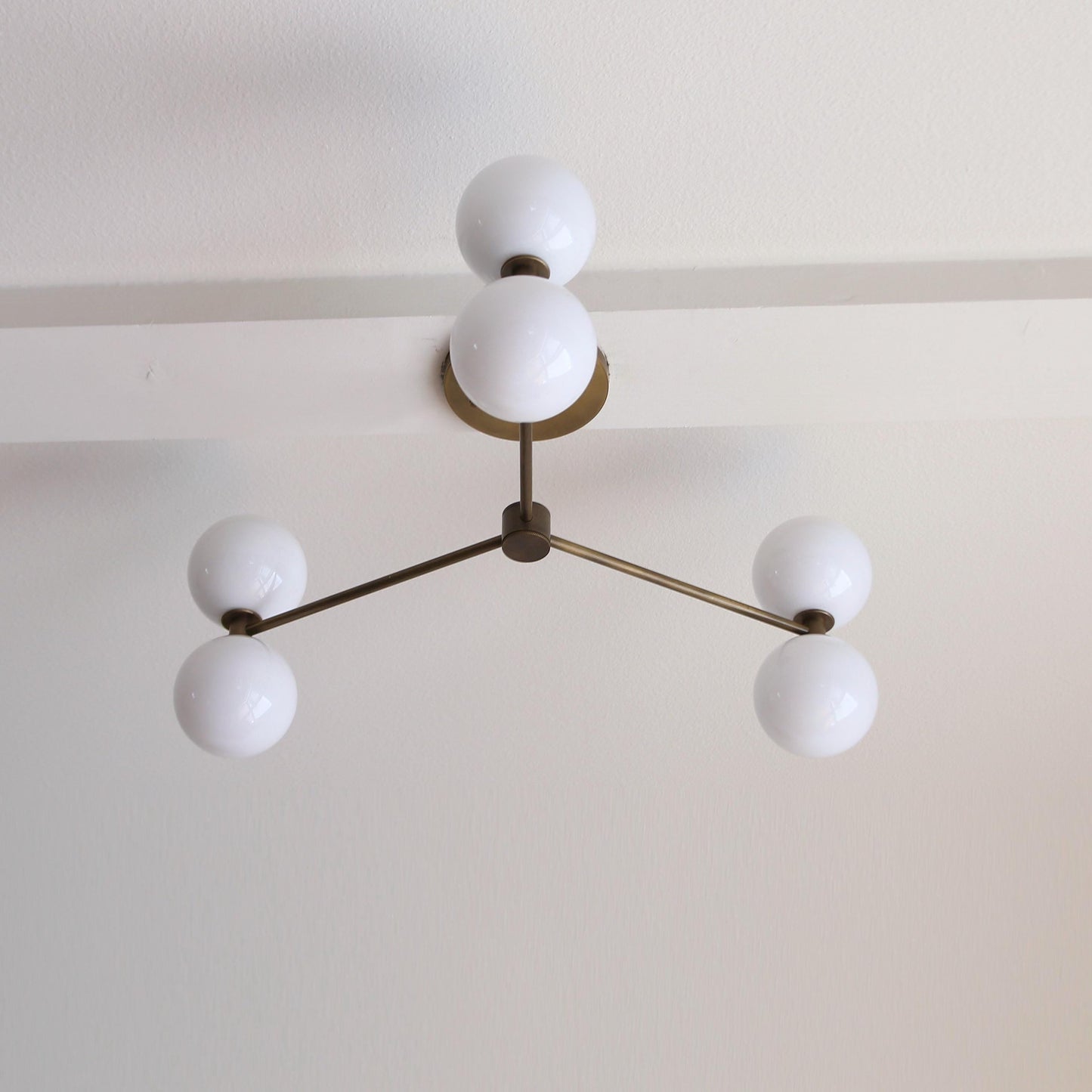 Six-Light Brass Chandelier with Opal Glass Globes