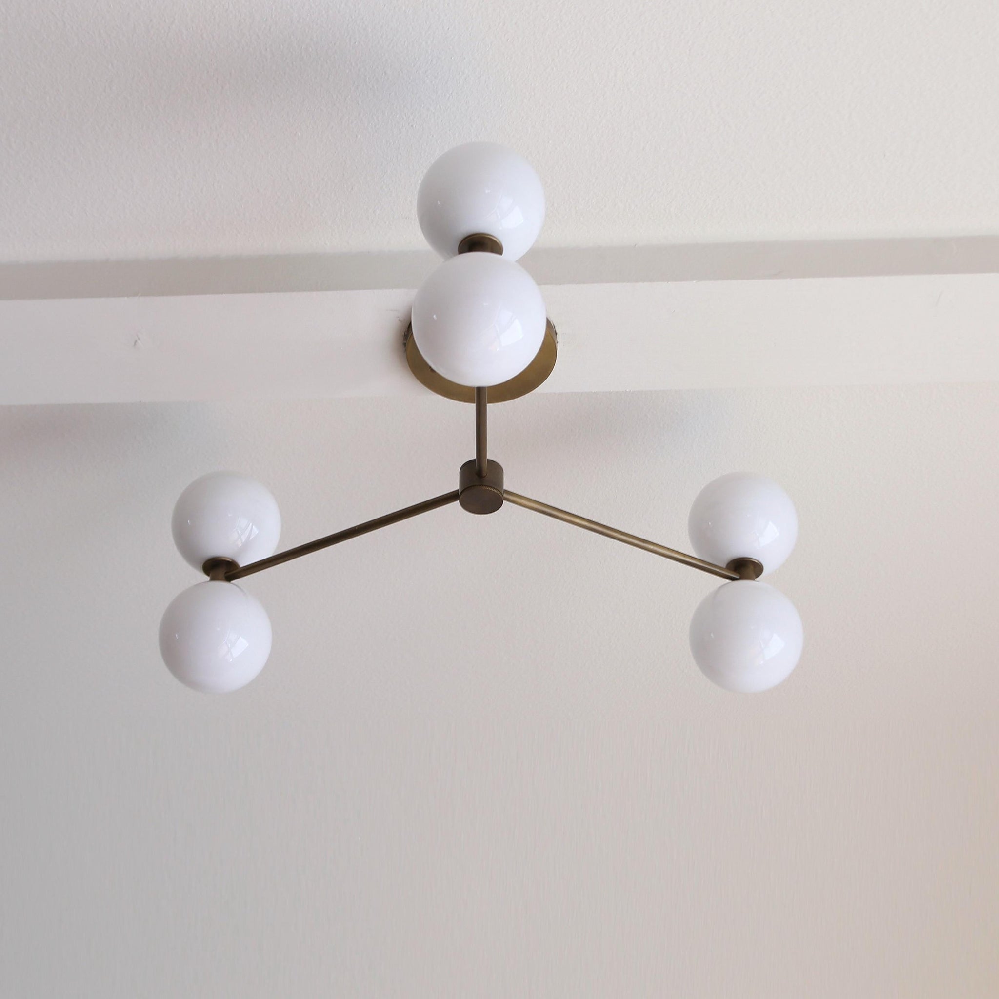 Six-Light Brass Chandelier with Opal Glass Globes