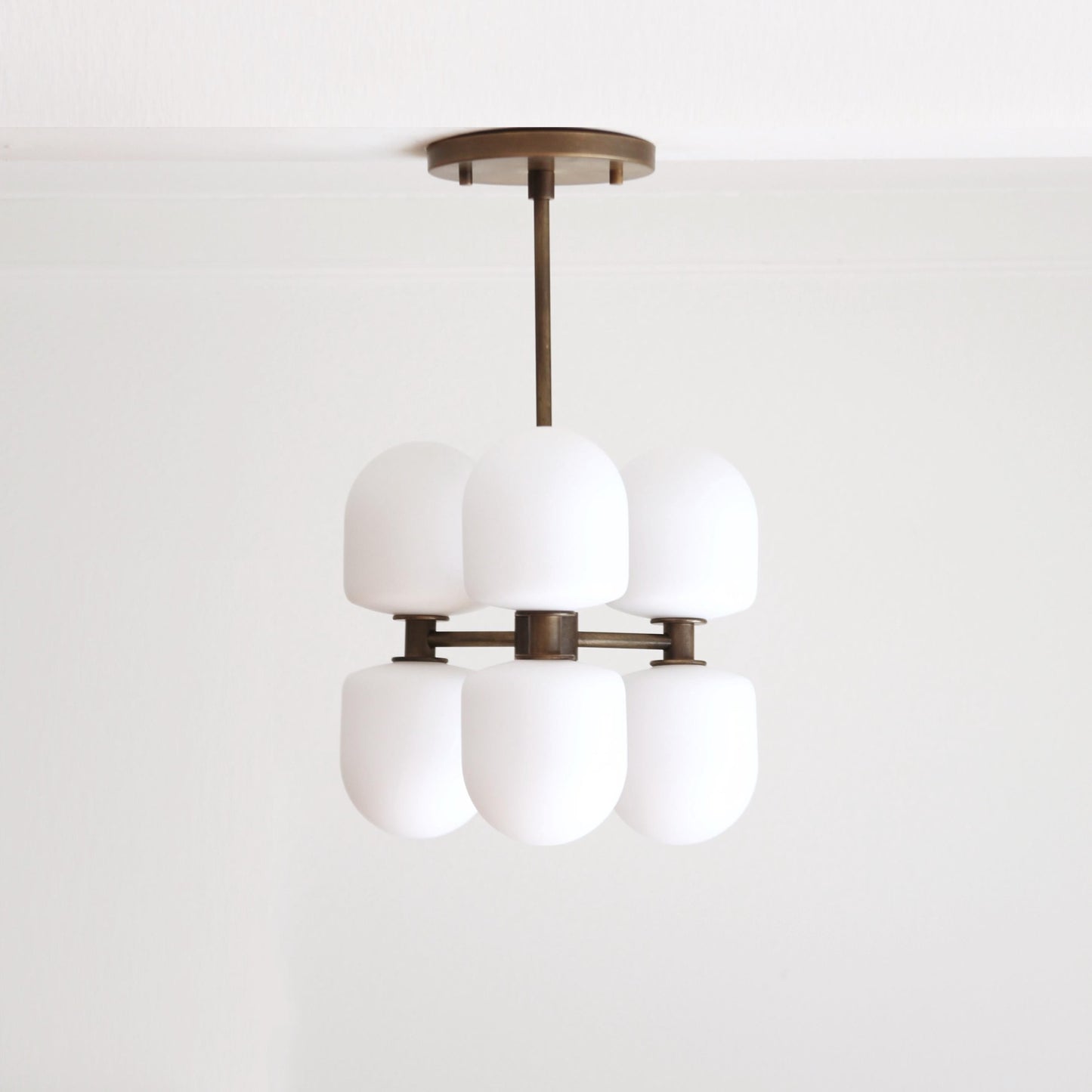 Six-Light Brass Cluster Chandelier with Opal Glass Shades