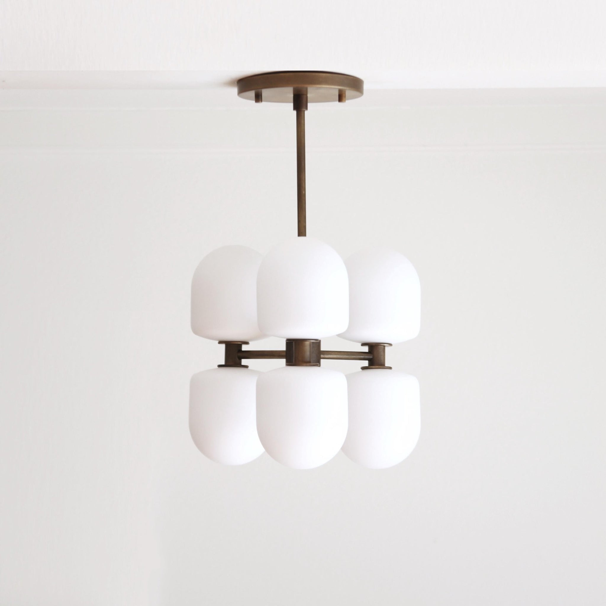 Six-Light Brass Cluster Chandelier with Opal Glass Shades