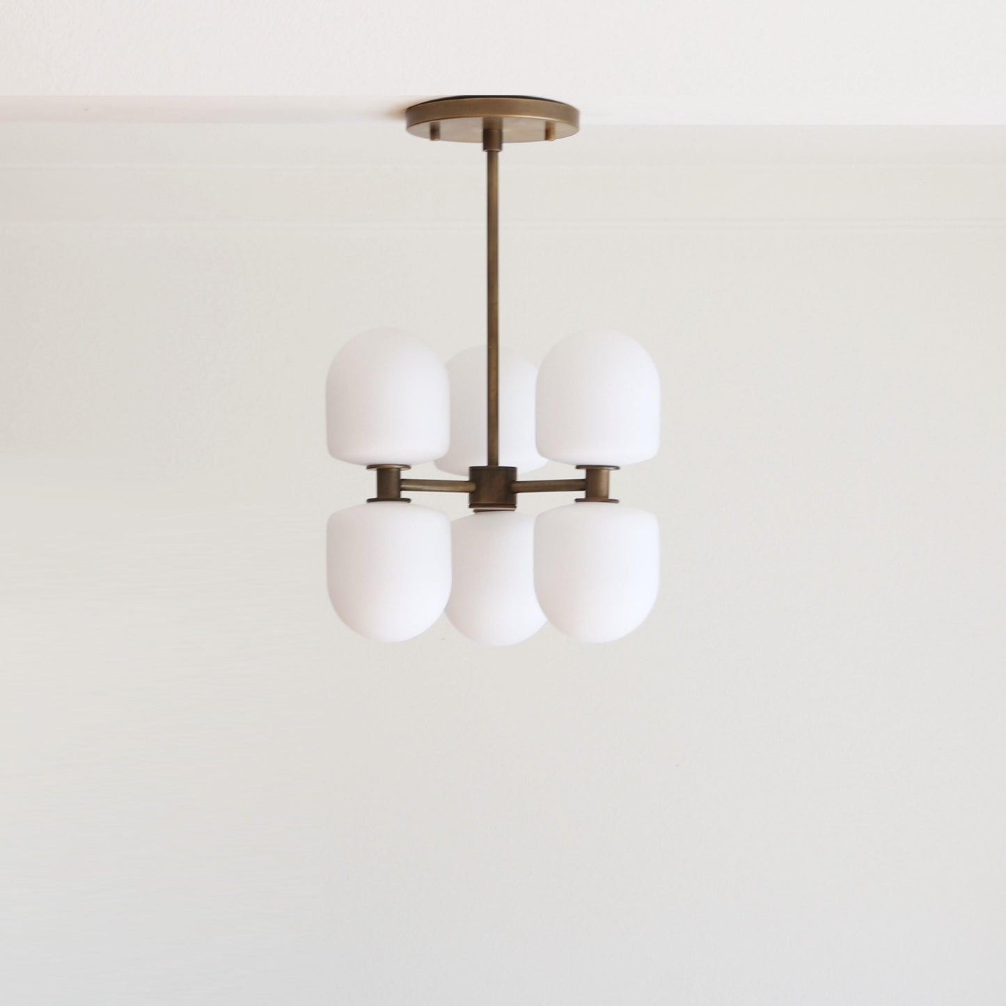 Six-Light Brass Cluster Chandelier with Opal Glass Shades