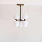 Six-Light Brass Cluster Chandelier with Opal Glass Shades
