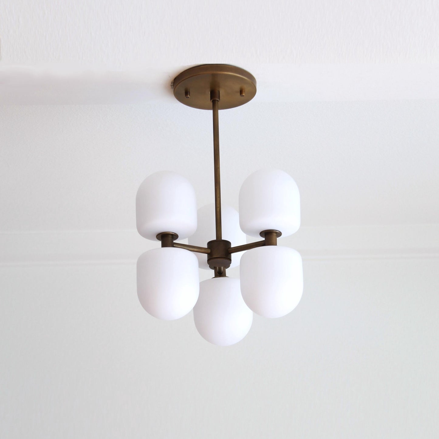 Six-Light Brass Cluster Chandelier with Opal Glass Shades