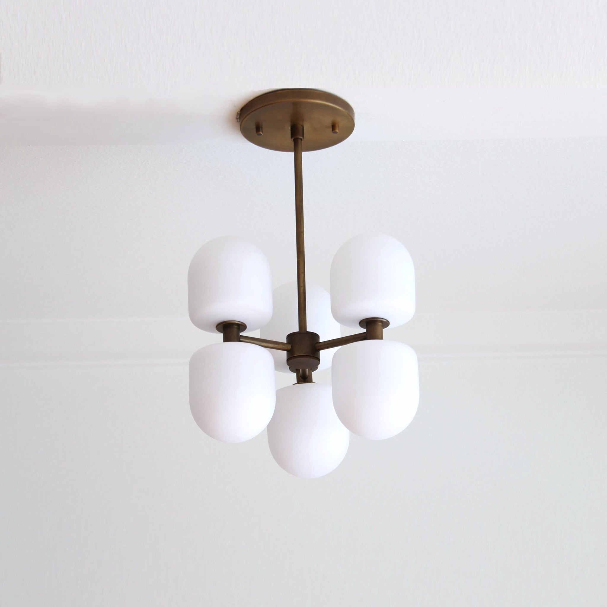 Six-Light Brass Cluster Chandelier with Opal Glass Shades