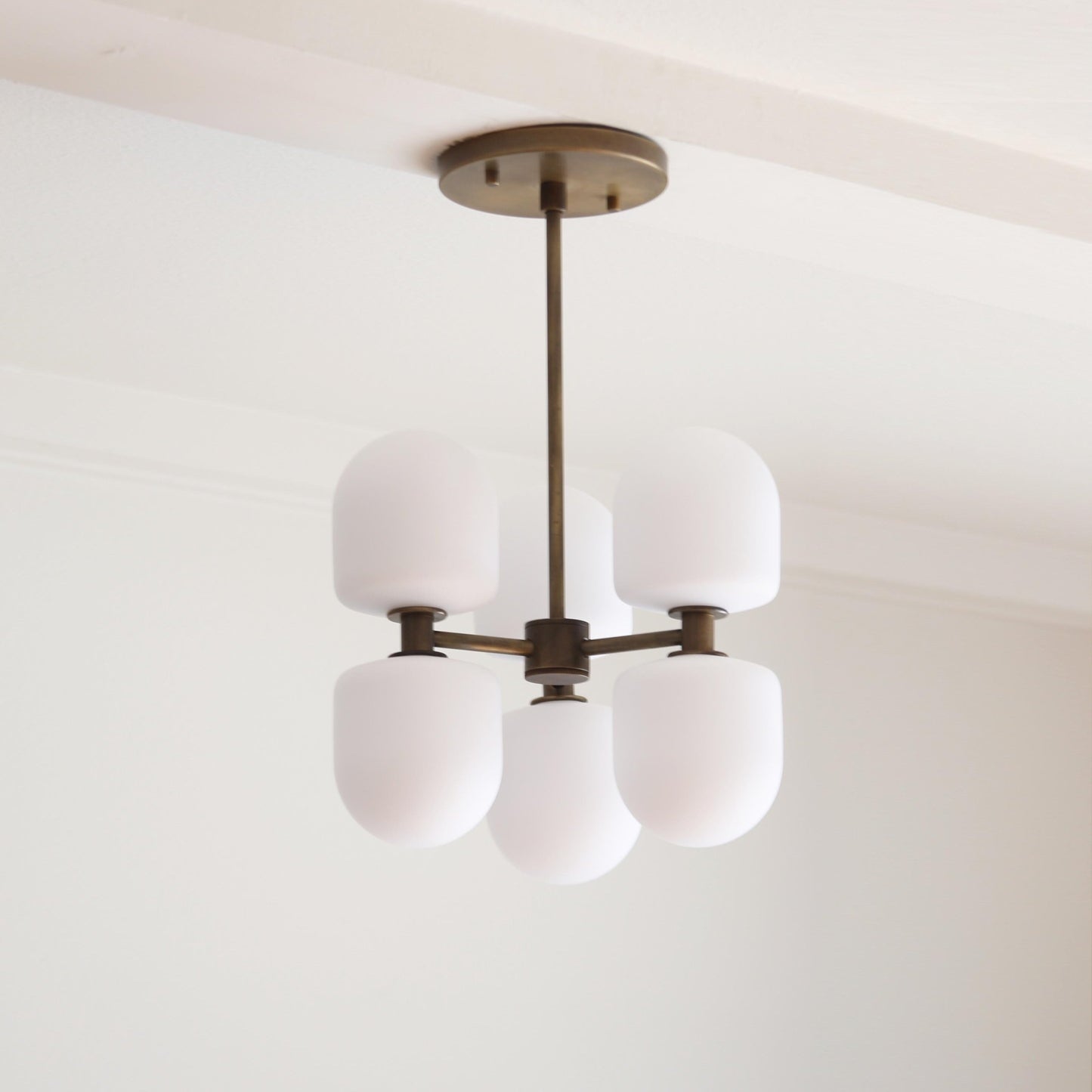 Six-Light Brass Cluster Chandelier with Opal Glass Shades