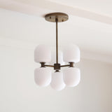 Six-Light Brass Cluster Chandelier with Opal Glass Shades