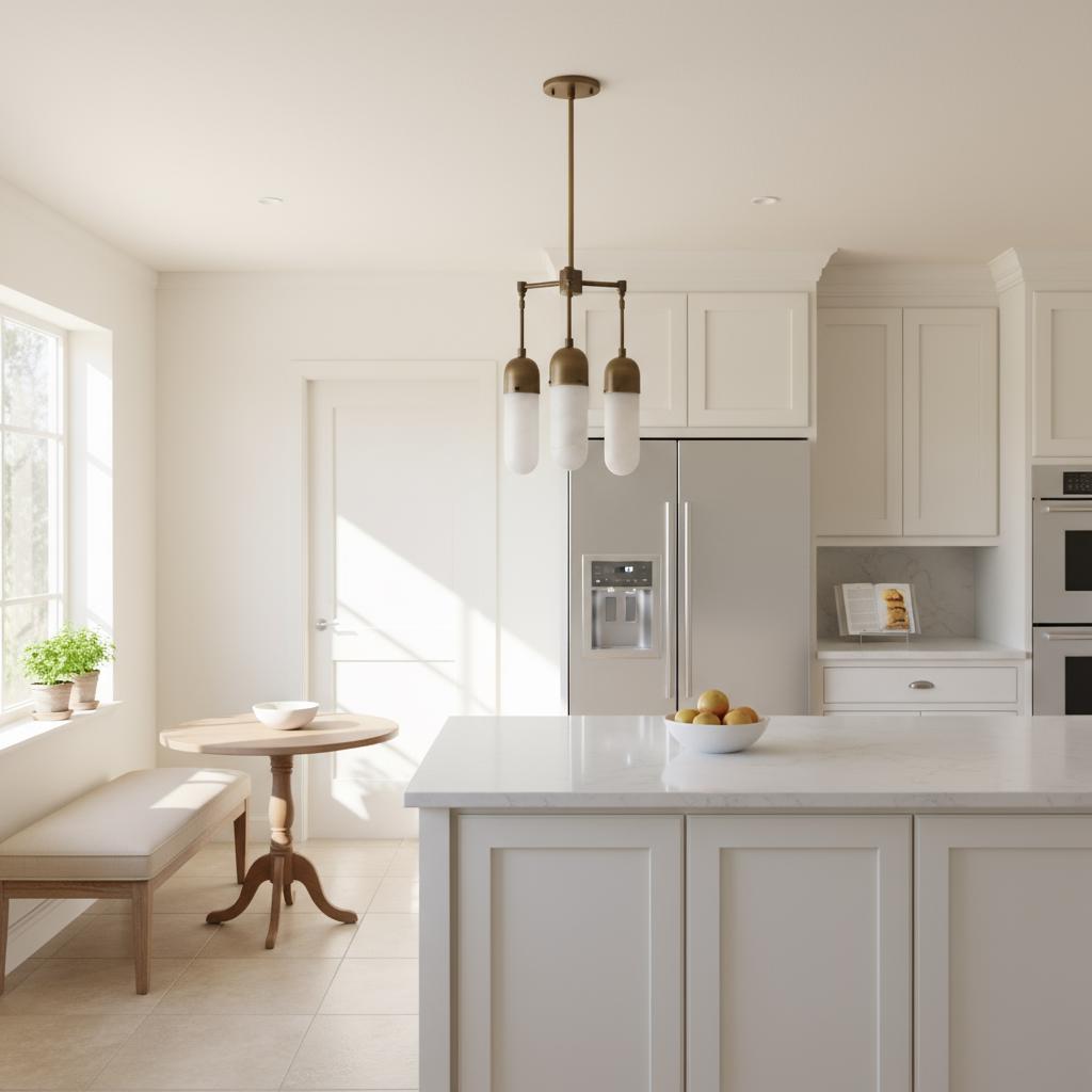 Three-Light Brass Chandelier with Alabaster Capsule Shades