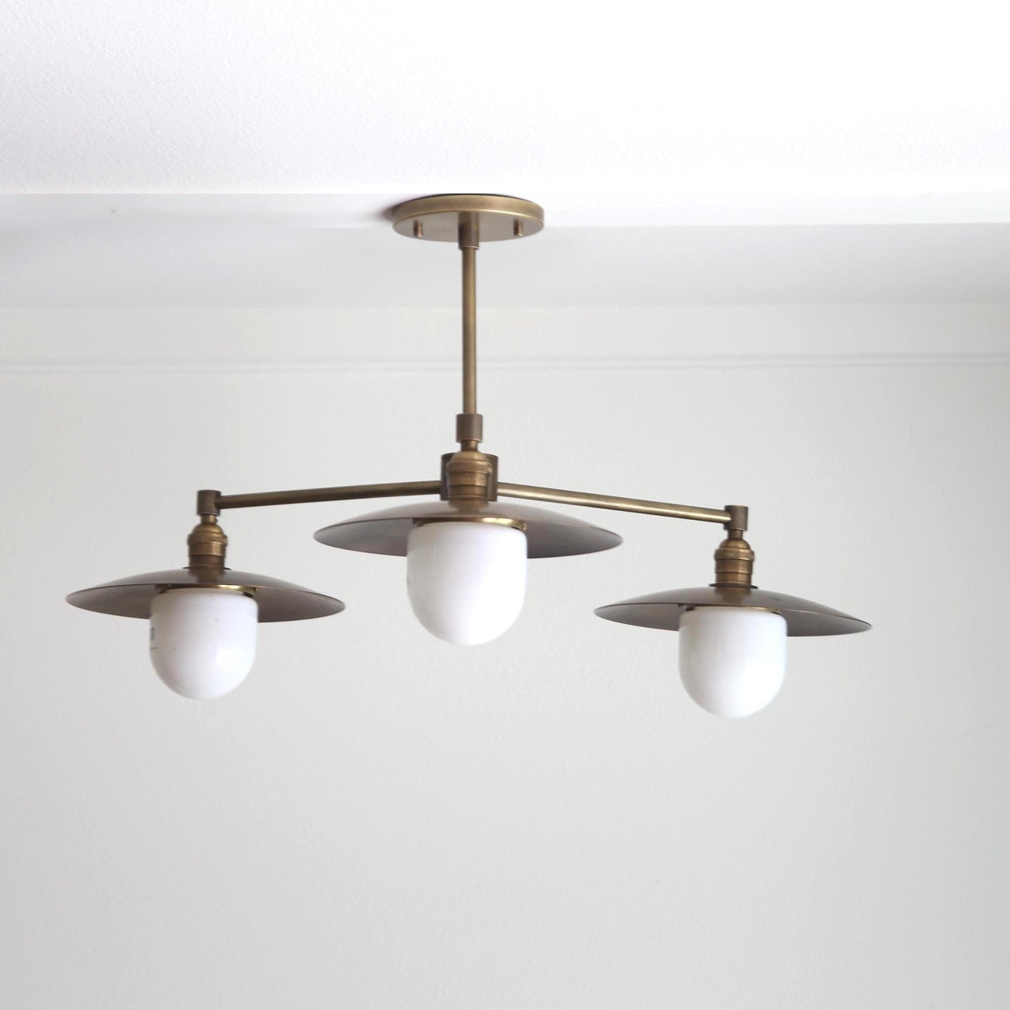 Three-Light Brass Chandelier with Disc Shades and Opal Globes
