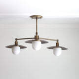 Three-Light Brass Chandelier with Disc Shades and Opal Globes