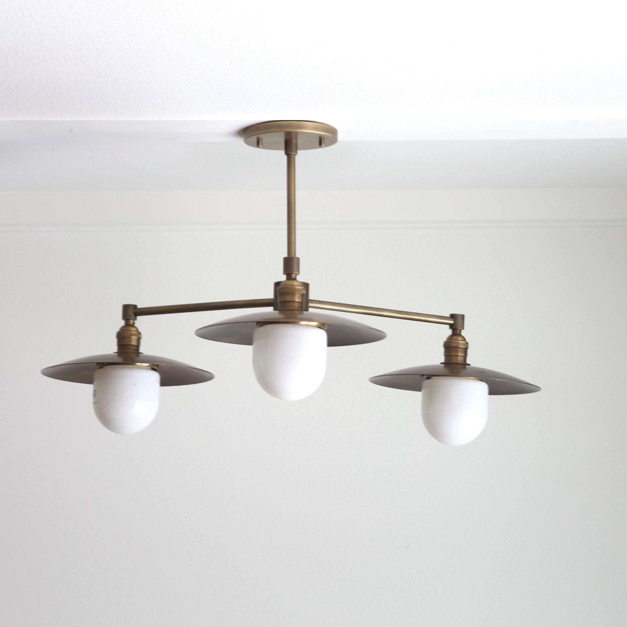 Three-Light Brass Chandelier with Disc Shades and Opal Globes
