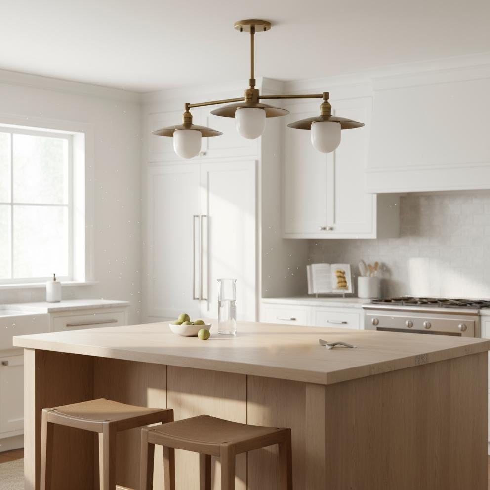 Three-Light Brass Chandelier with Disc Shades and Opal Globes