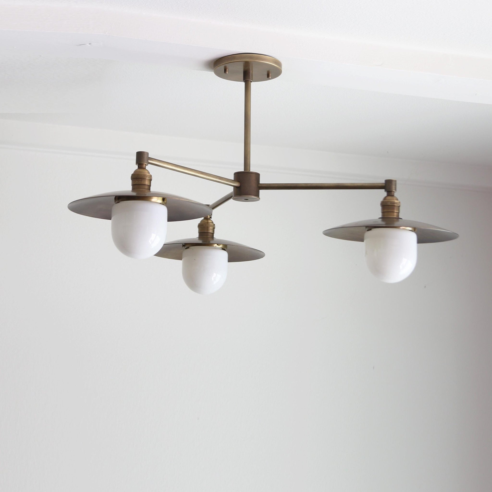 Three-Light Brass Chandelier with Disc Shades and Opal Globes