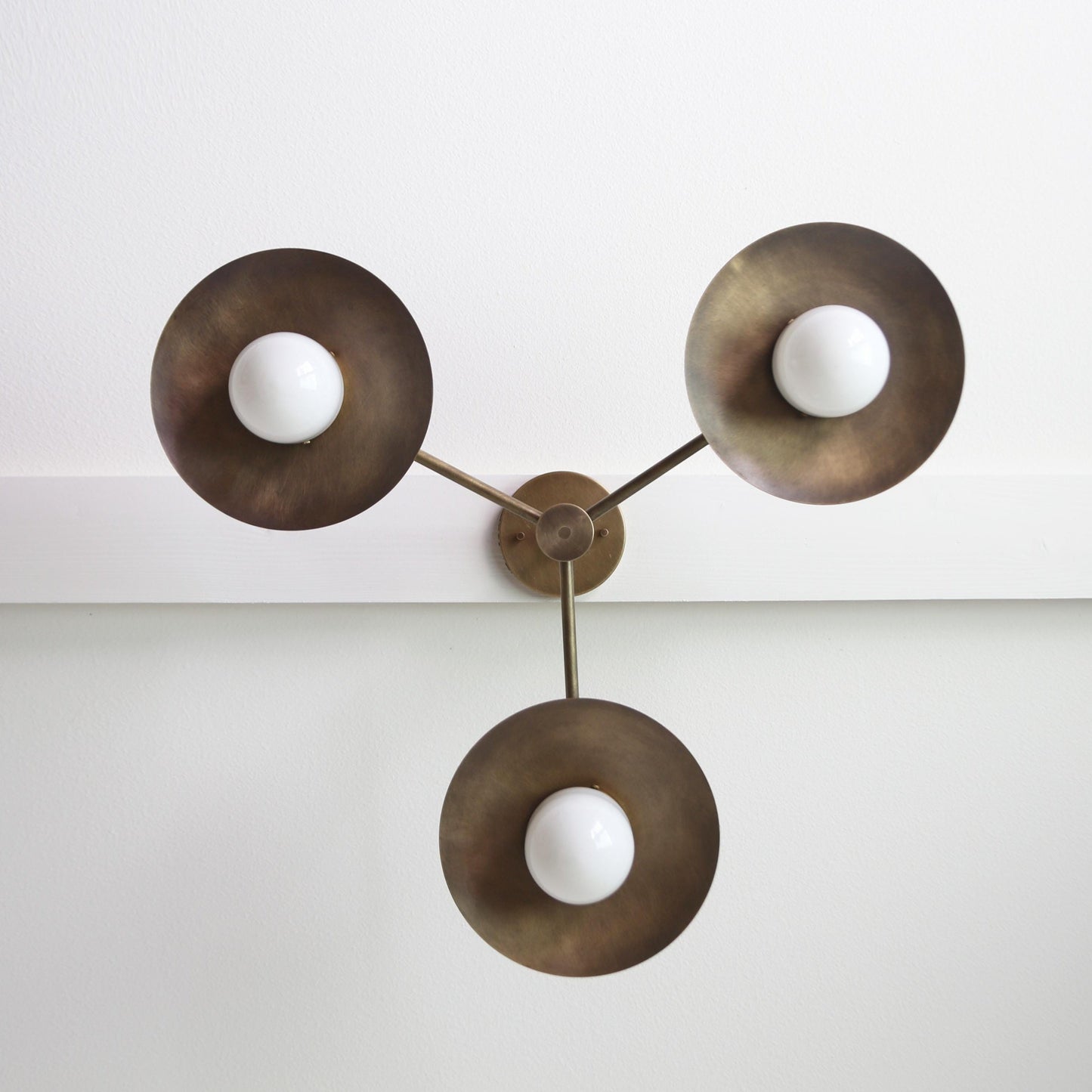 Three-Light Brass Chandelier with Disc Shades and Opal Globes
