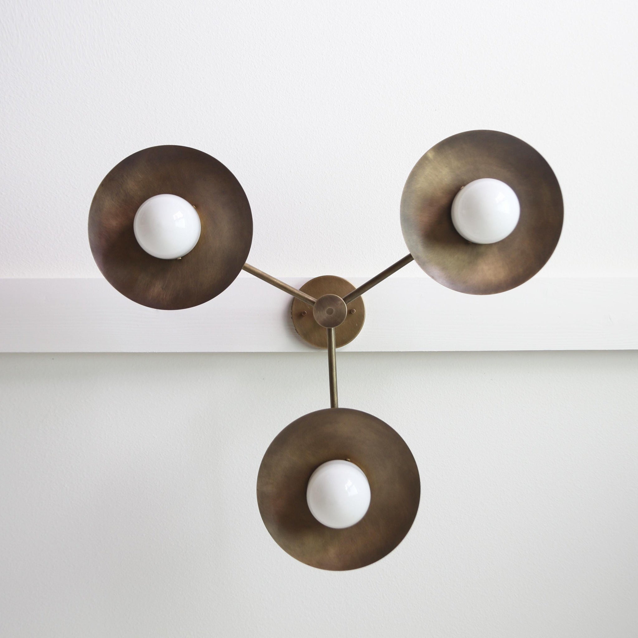 Three-Light Brass Chandelier with Disc Shades and Opal Globes