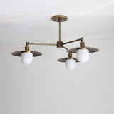 Three-Light Brass Chandelier with Disc Shades and Opal Globes