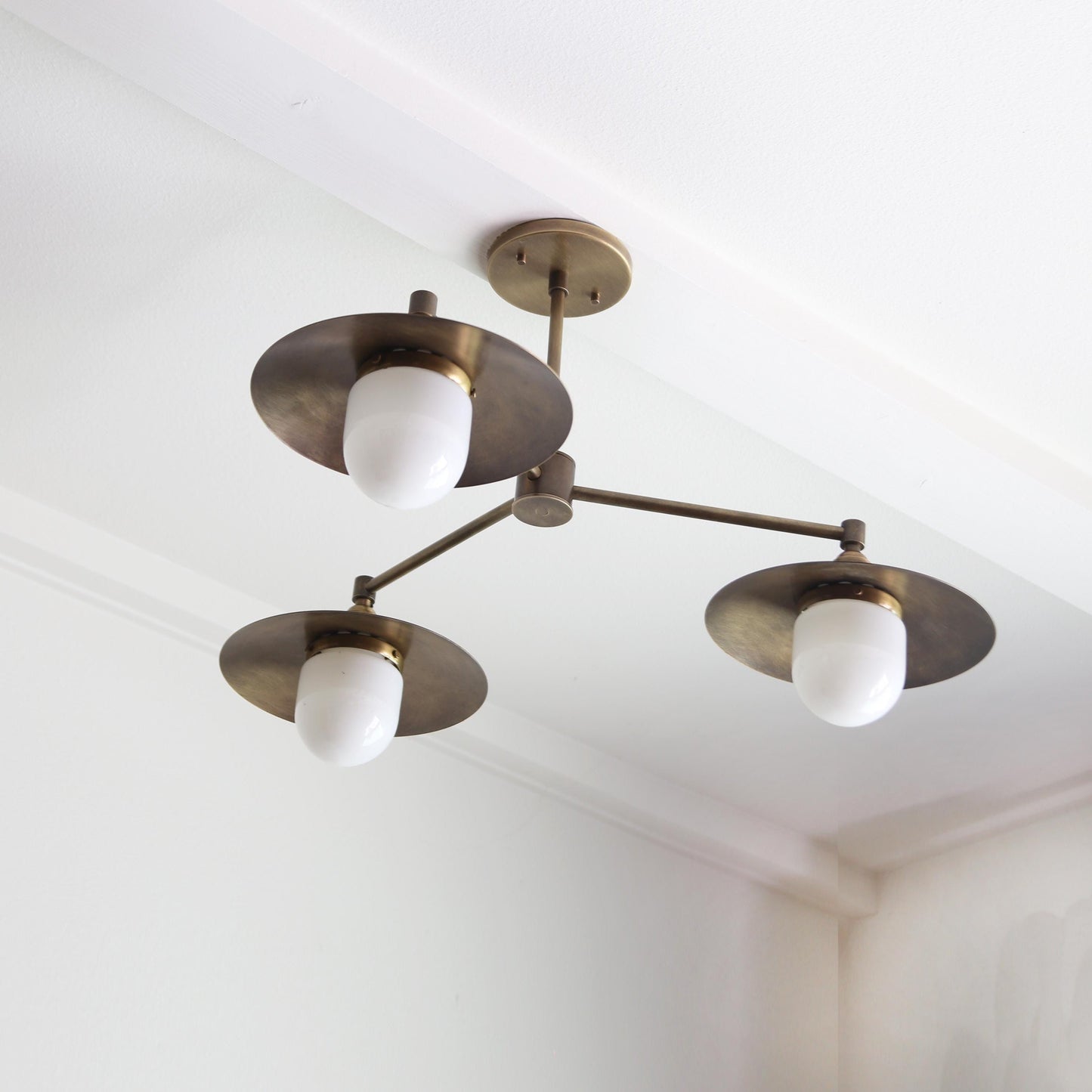 Three-Light Brass Chandelier with Disc Shades and Opal Globes