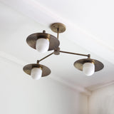 Three-Light Brass Chandelier with Disc Shades and Opal Globes