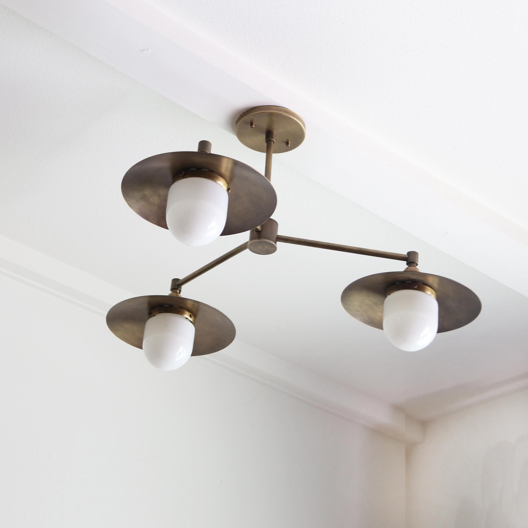 Three-Light Brass Chandelier with Disc Shades and Opal Globes