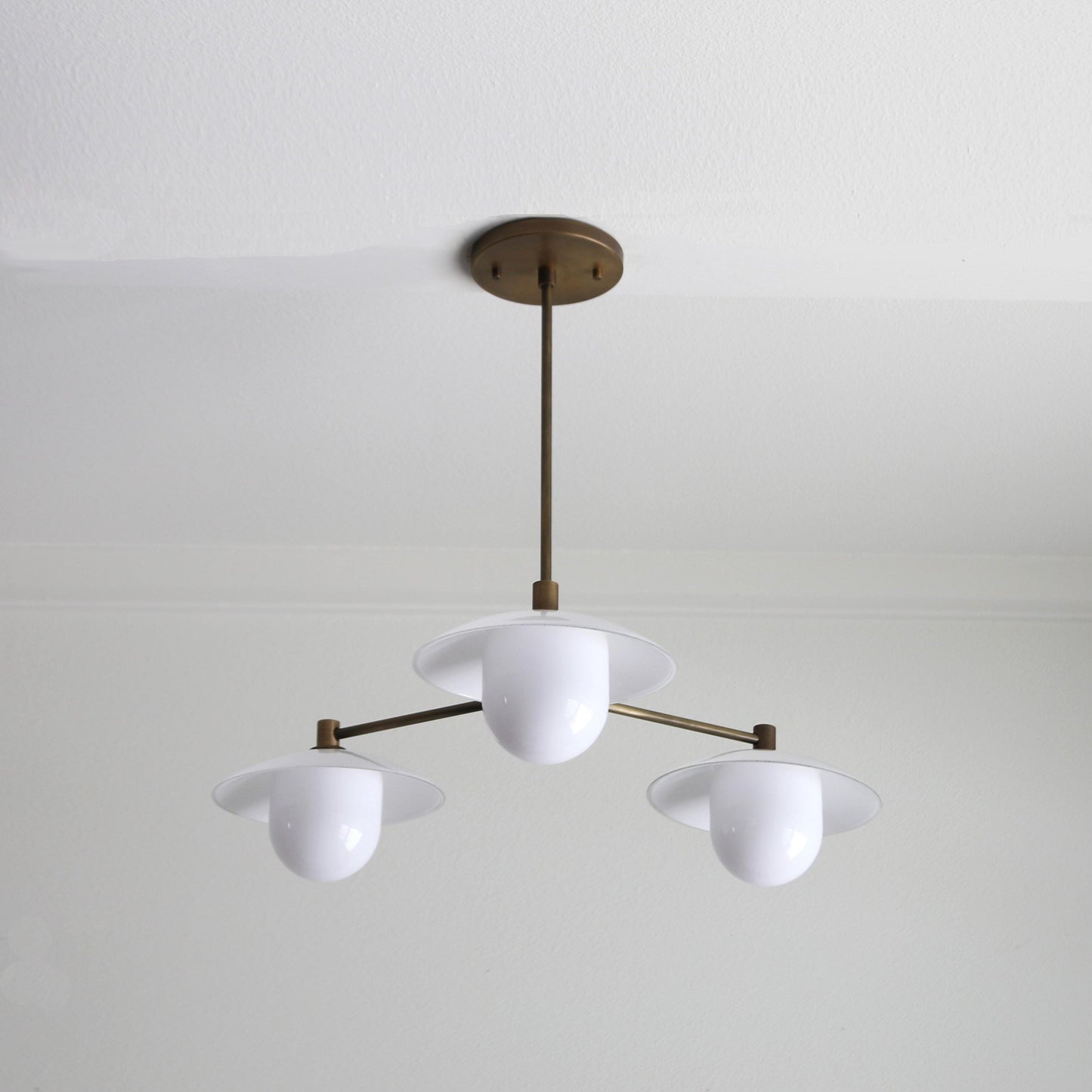 Three-Light Brass Chandelier with Matte Opal Glass Shades