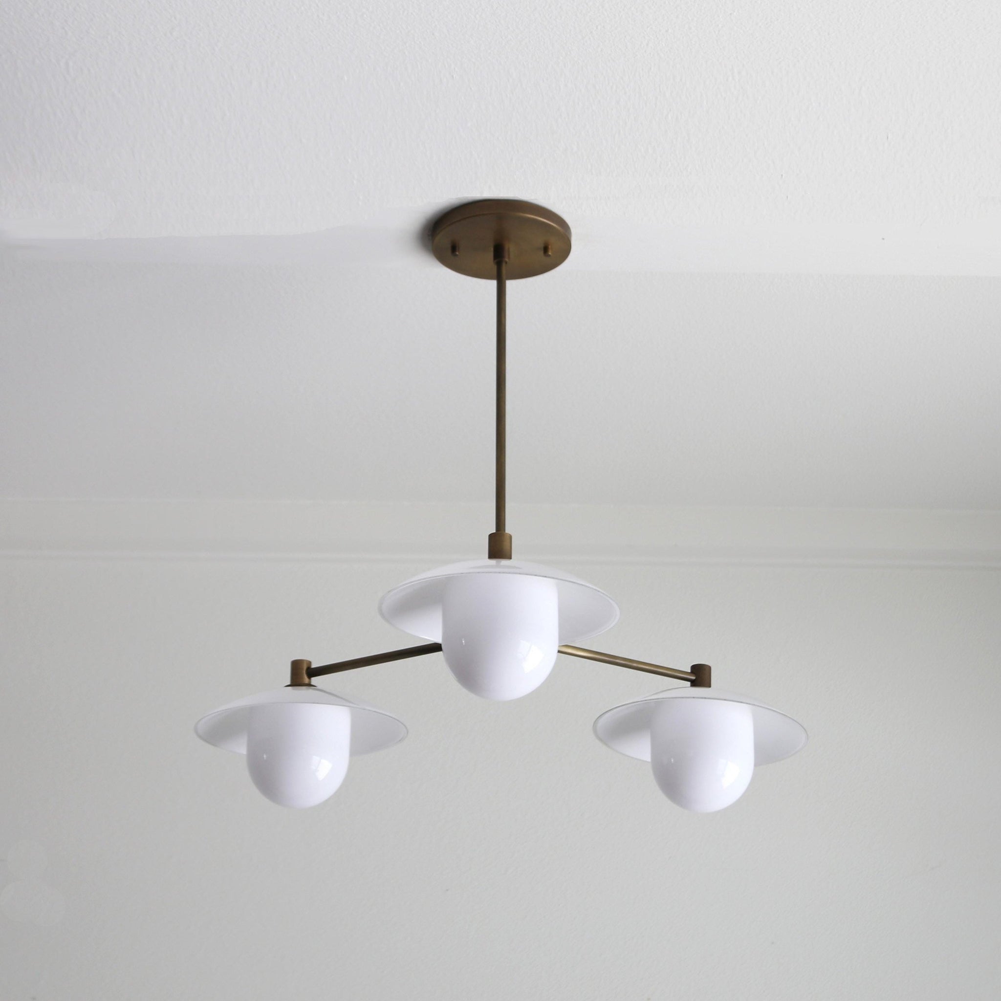 Three-Light Brass Chandelier with Matte Opal Glass Shades
