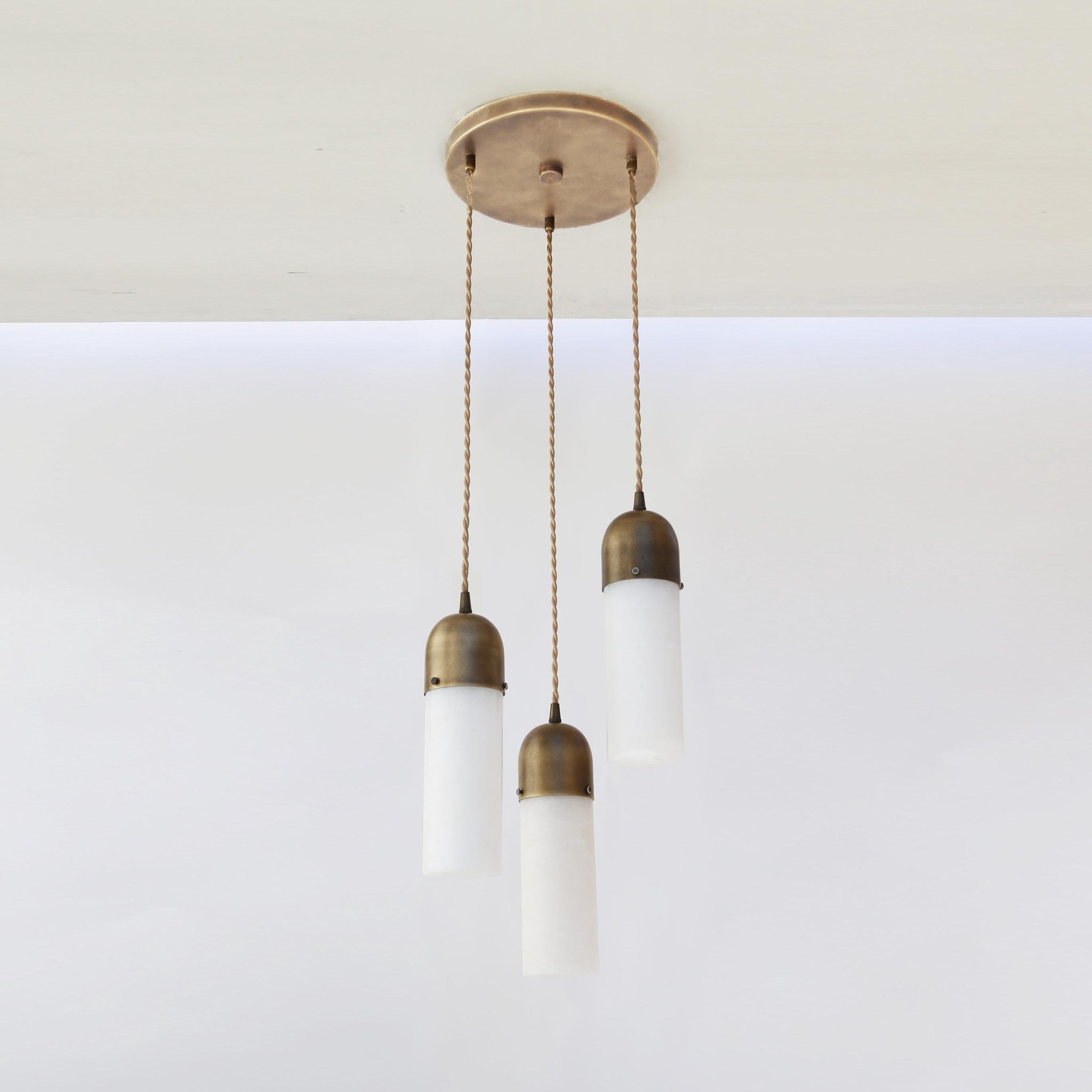 Three-Light Brass Cluster Pendant with Alabaster Shades