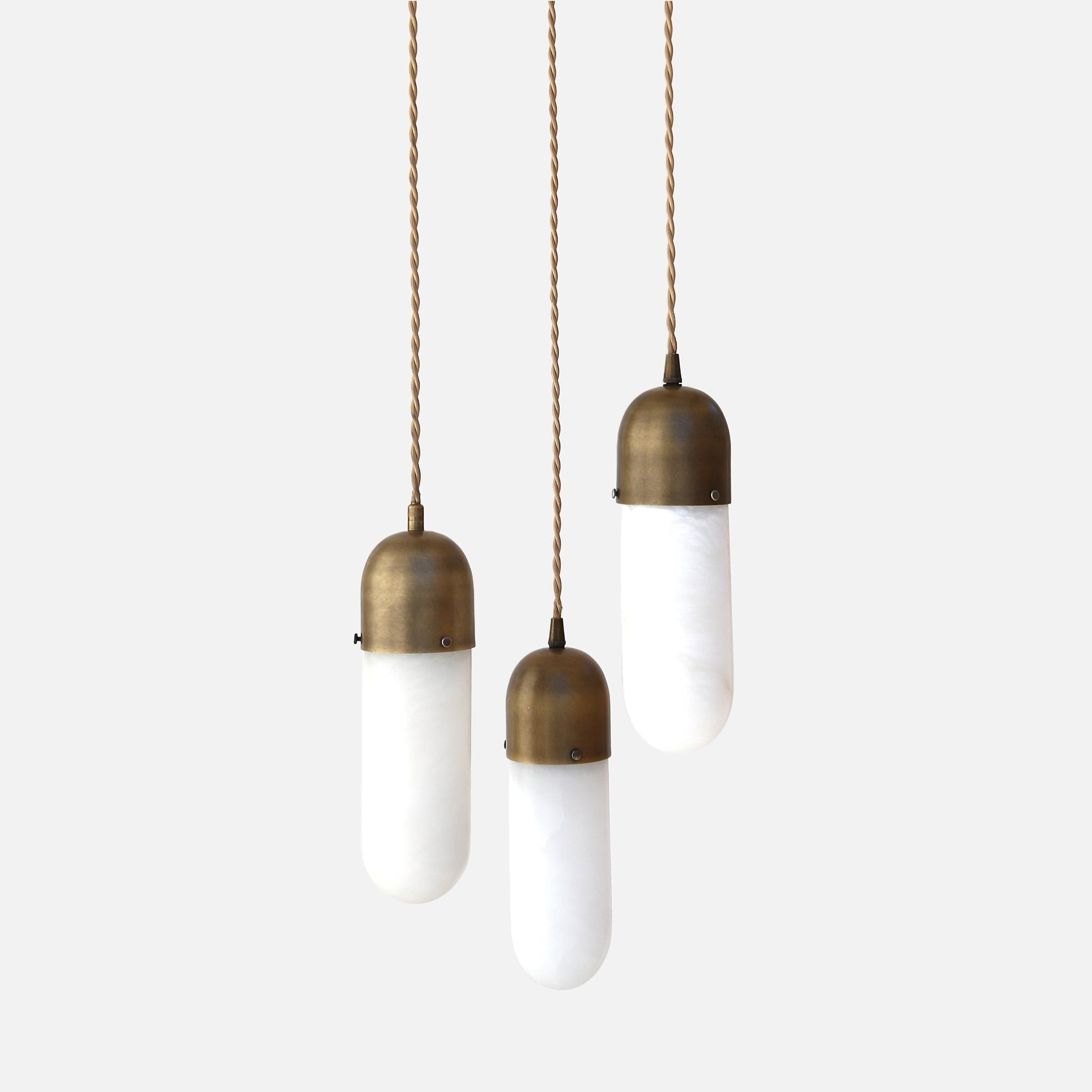 Three-Light Brass Cluster Pendant with Alabaster Shades