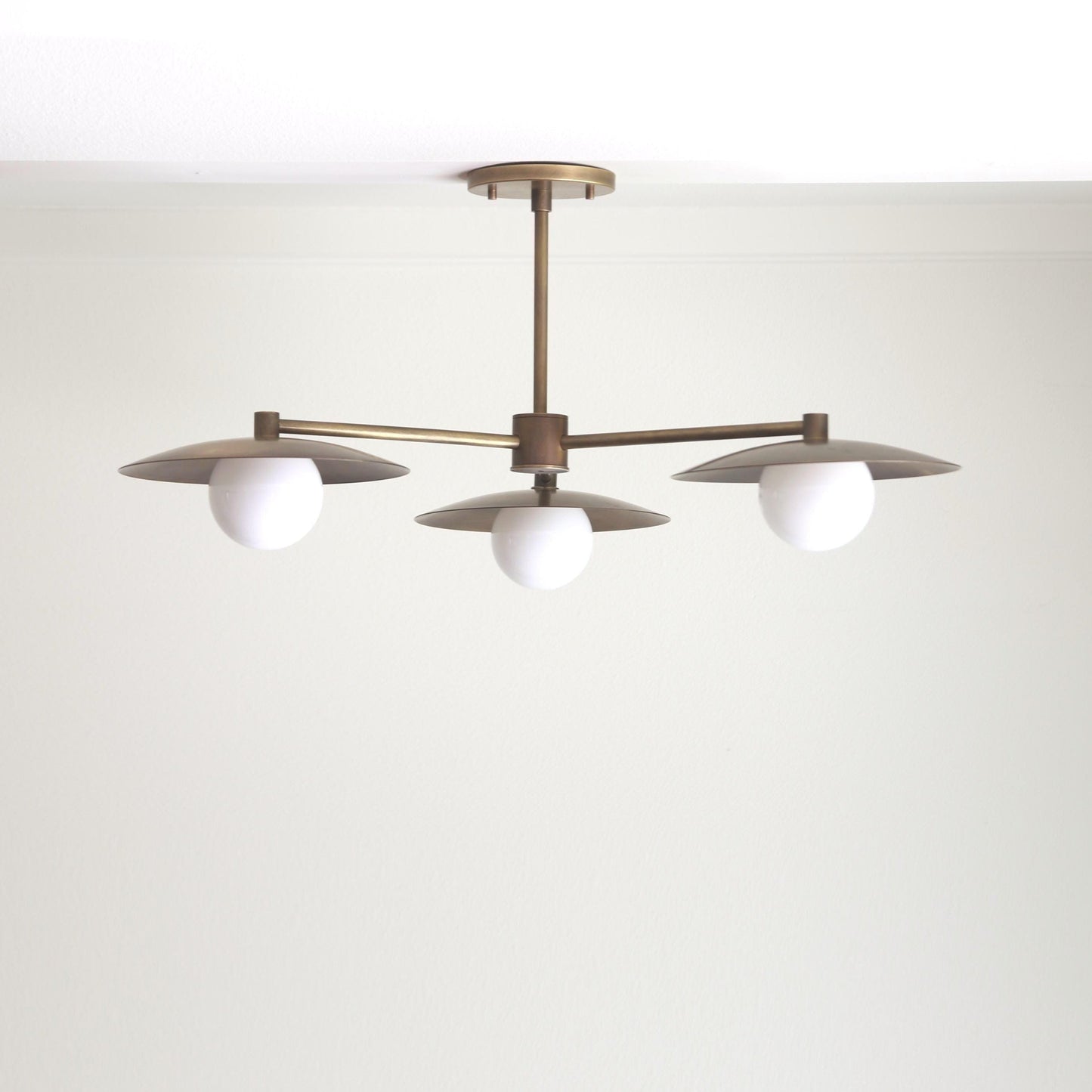 Three-Light Brass Disc Chandelier with Opal Globes