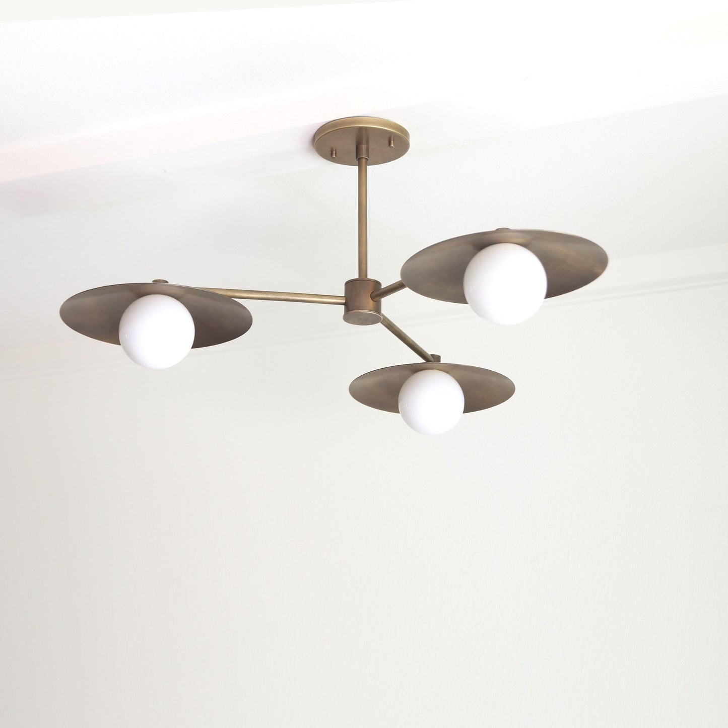 Three-Light Brass Disc Chandelier with Opal Globes