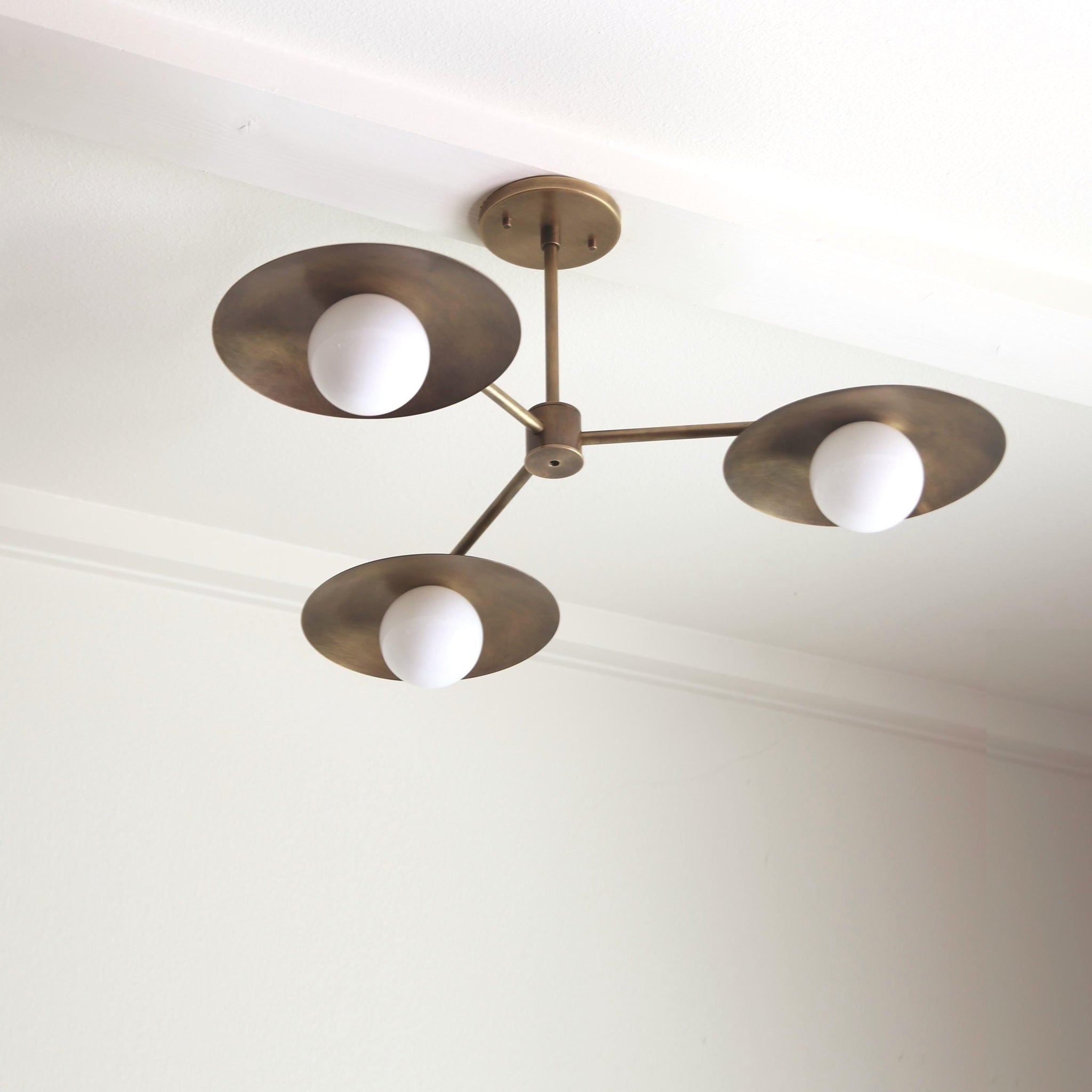 Three-Light Brass Disc Chandelier with Opal Globes