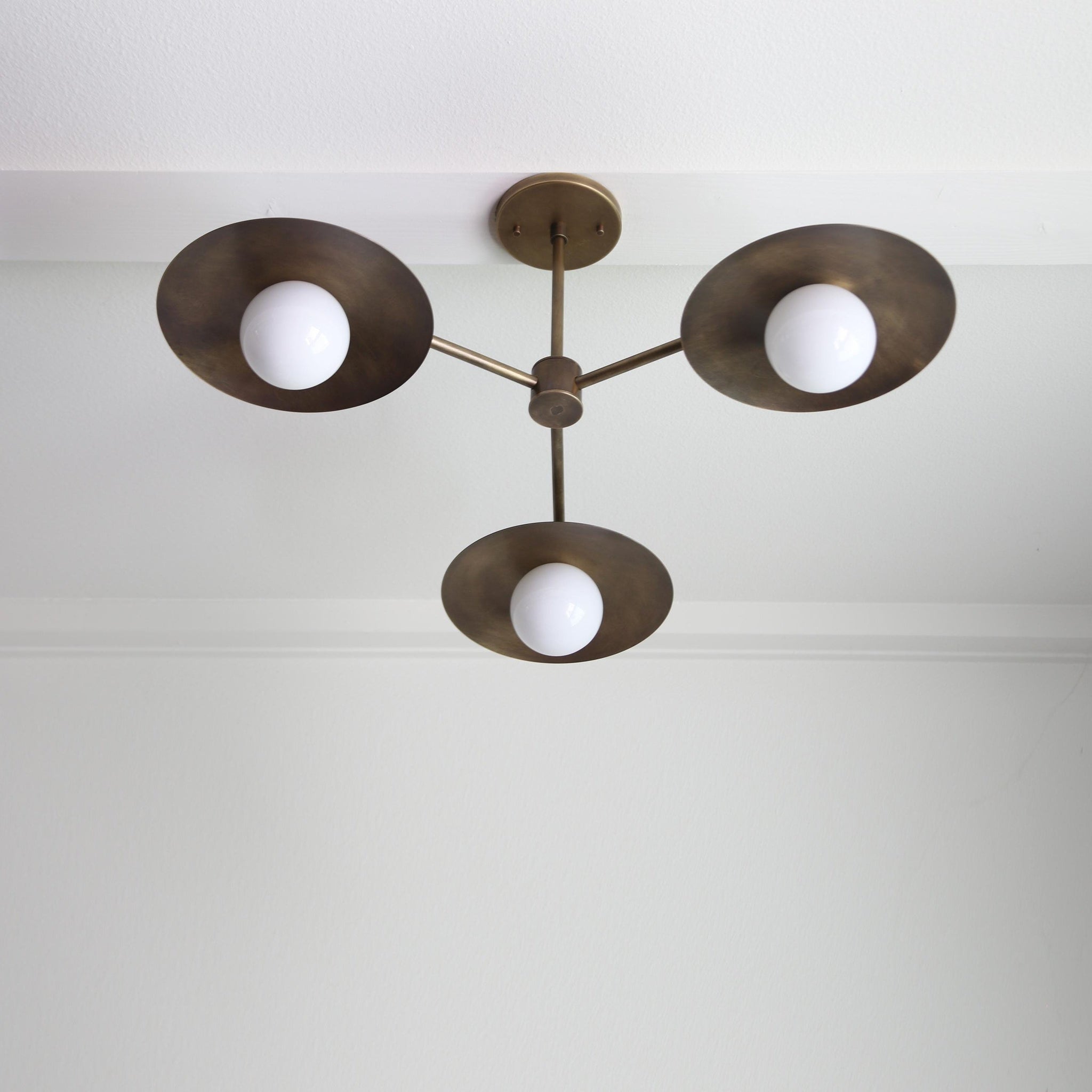 Three-Light Brass Disc Chandelier with Opal Globes